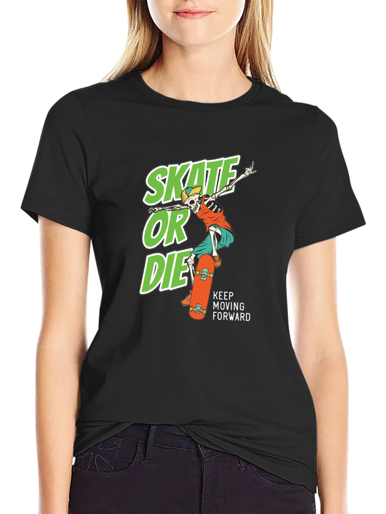 Black Skate or Die Graphic Tee - Cool Skateboarder Skeleton T-Shirt view 2