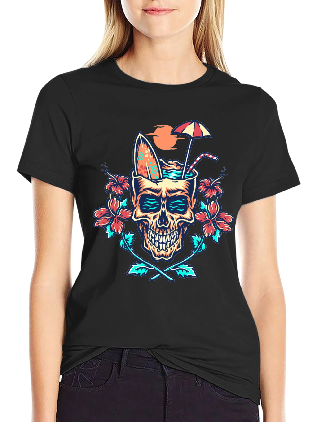 Black Tropical Skull Graphic T-Shirt - Beach Vibes! view 2