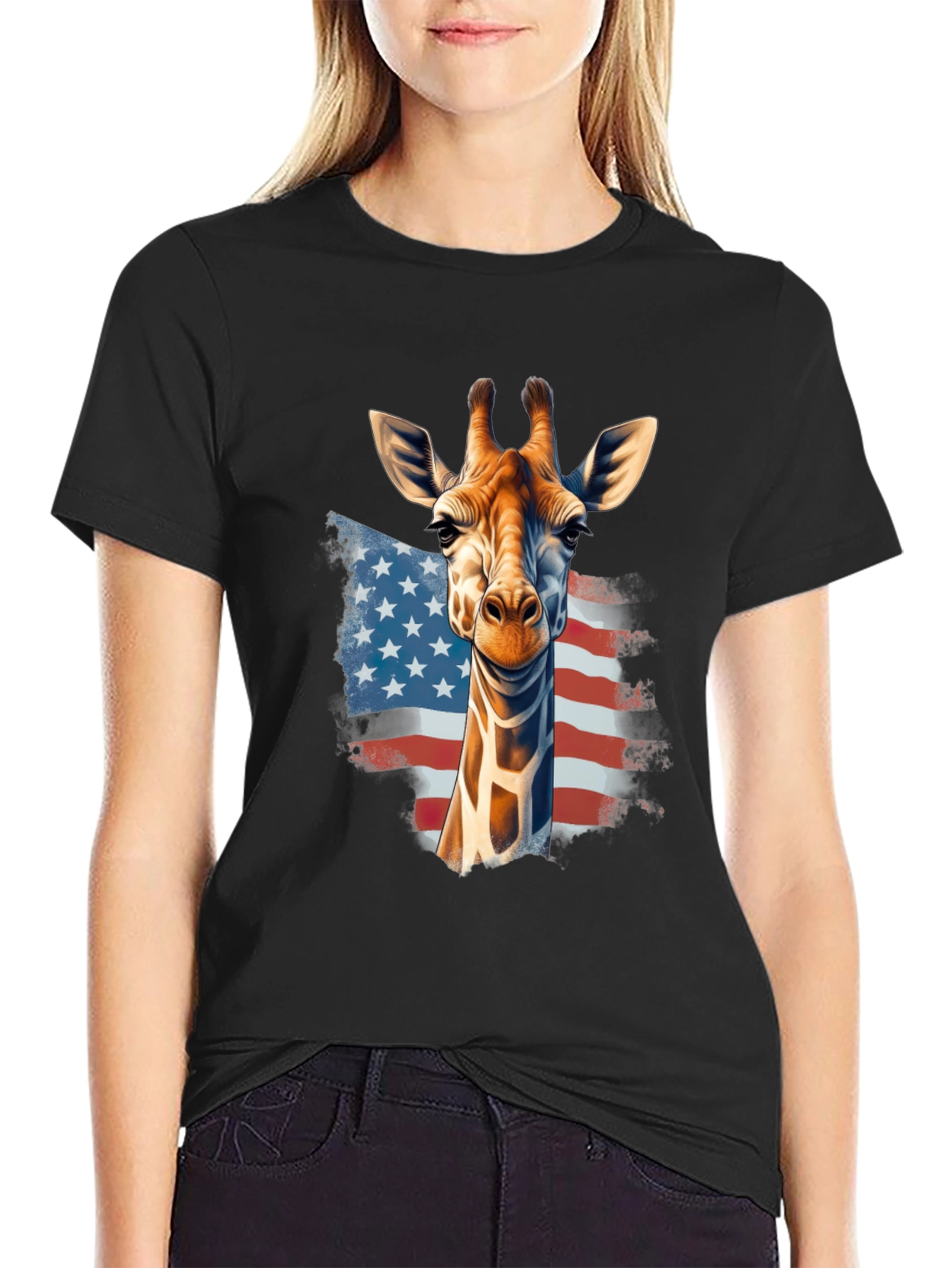 Black Giraffe USA Flag Graphic T-Shirt view 2