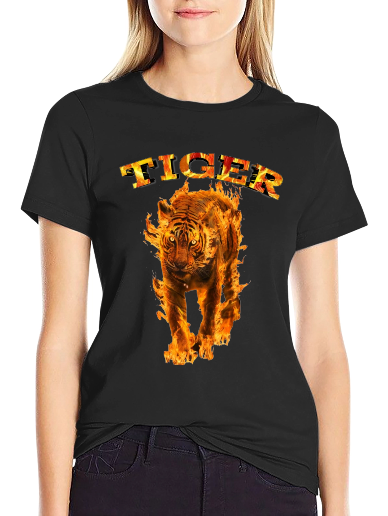 Black Fiery Tiger Graphic Tee - Bold Black T-Shirt view 2