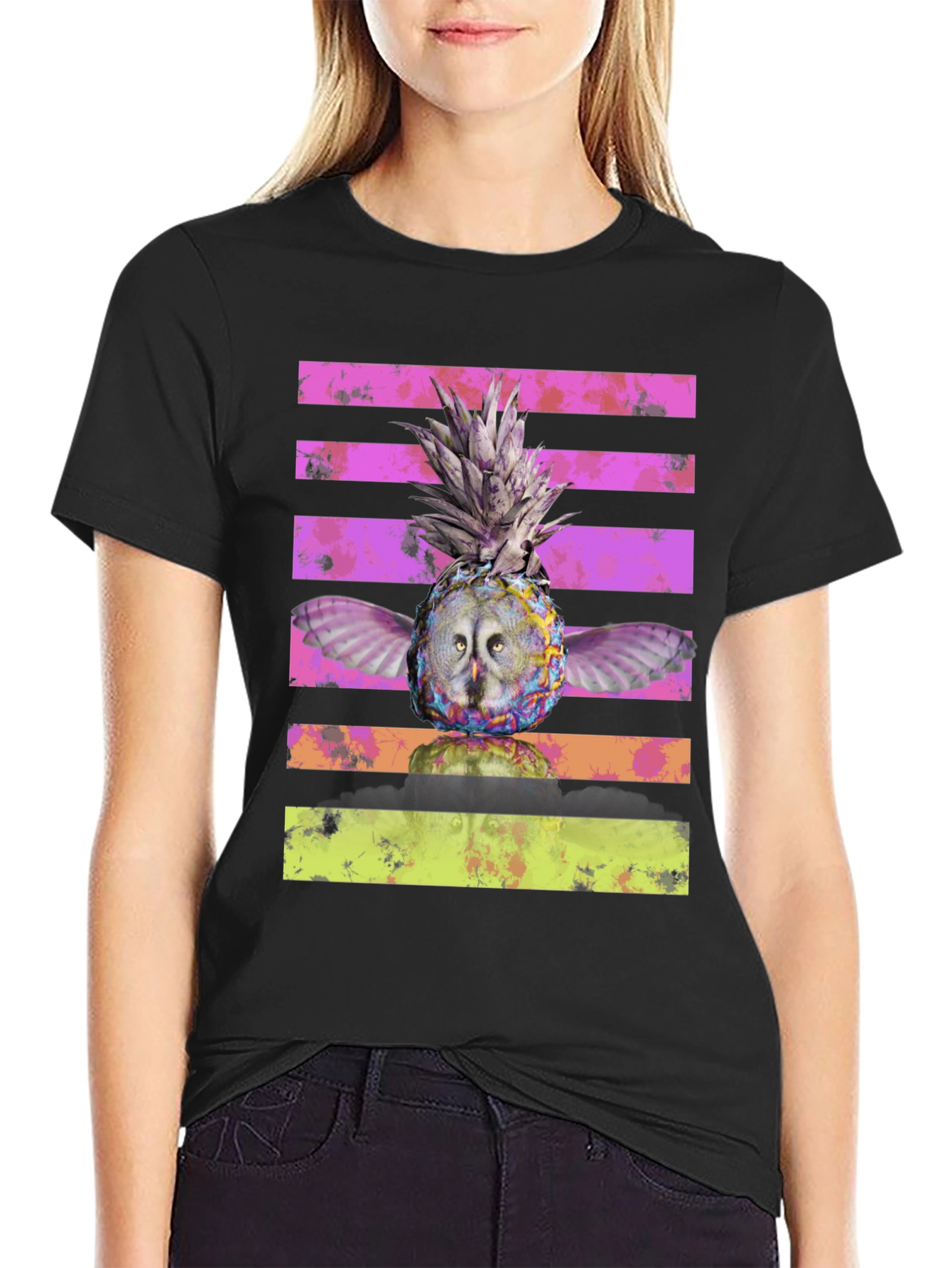 Black Owl Pineapple Graphic Print T-Shirt view 2