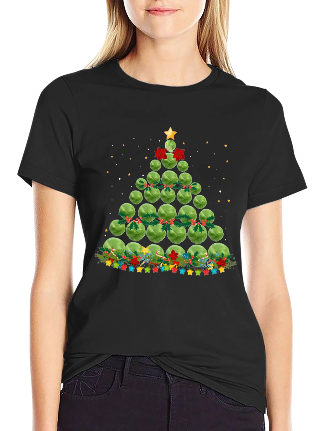 Black Brussels Sprouts Christmas Tree Holiday T-Shirt view 2