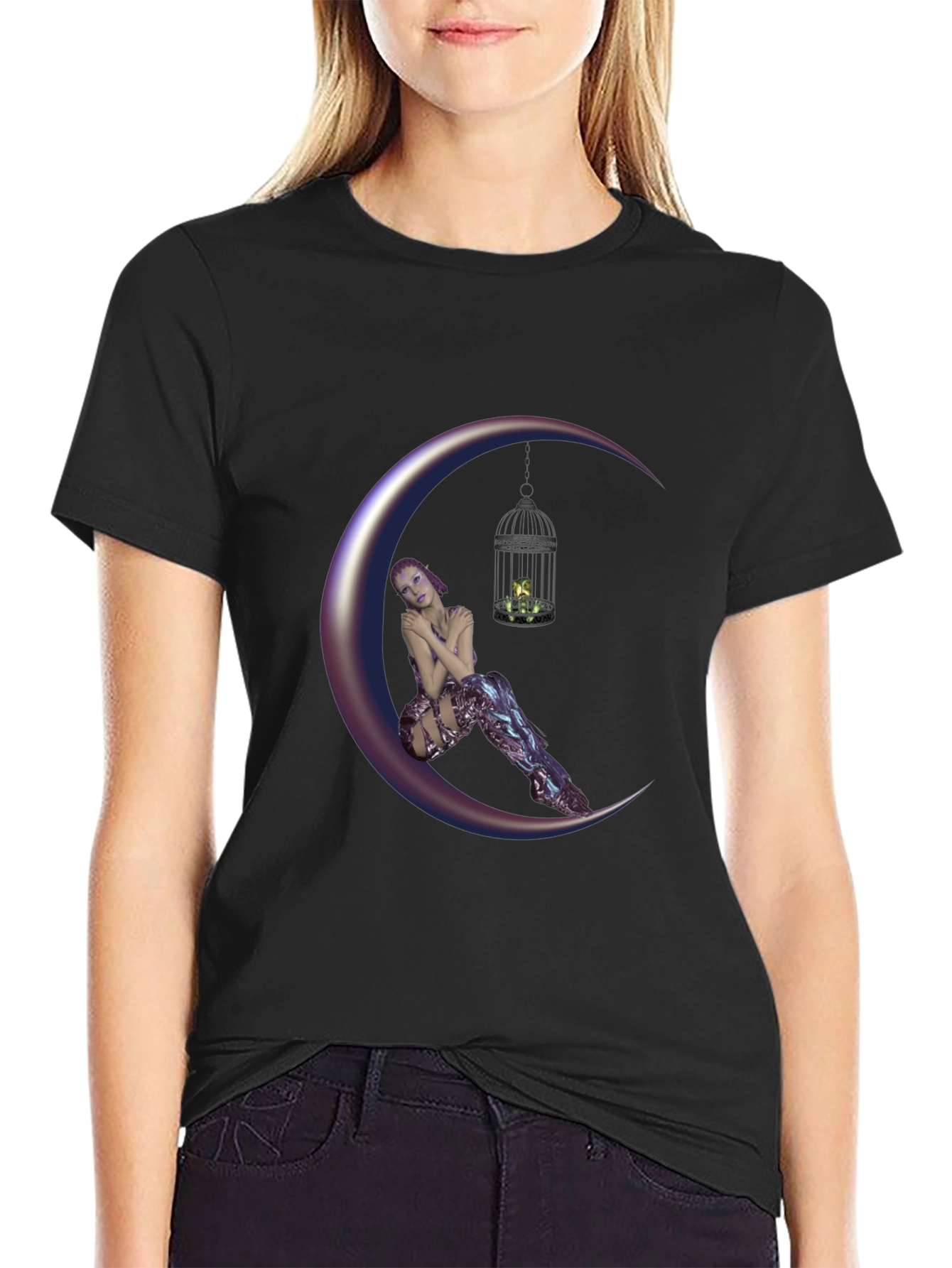 Black Fantasy Moon Fairy T-Shirt - Unique Design view 2