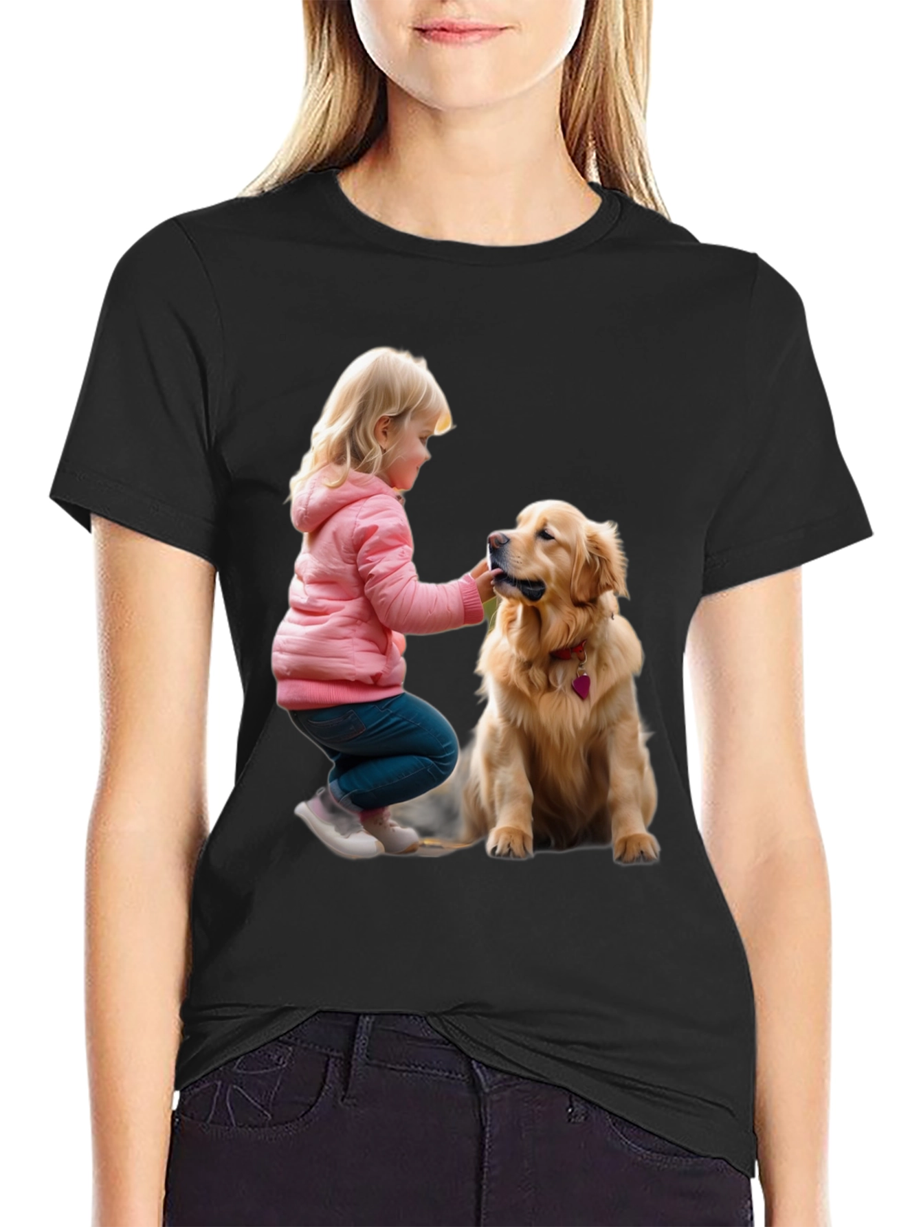 Black Cute Girl and Dog Graphic T-Shirt view 2