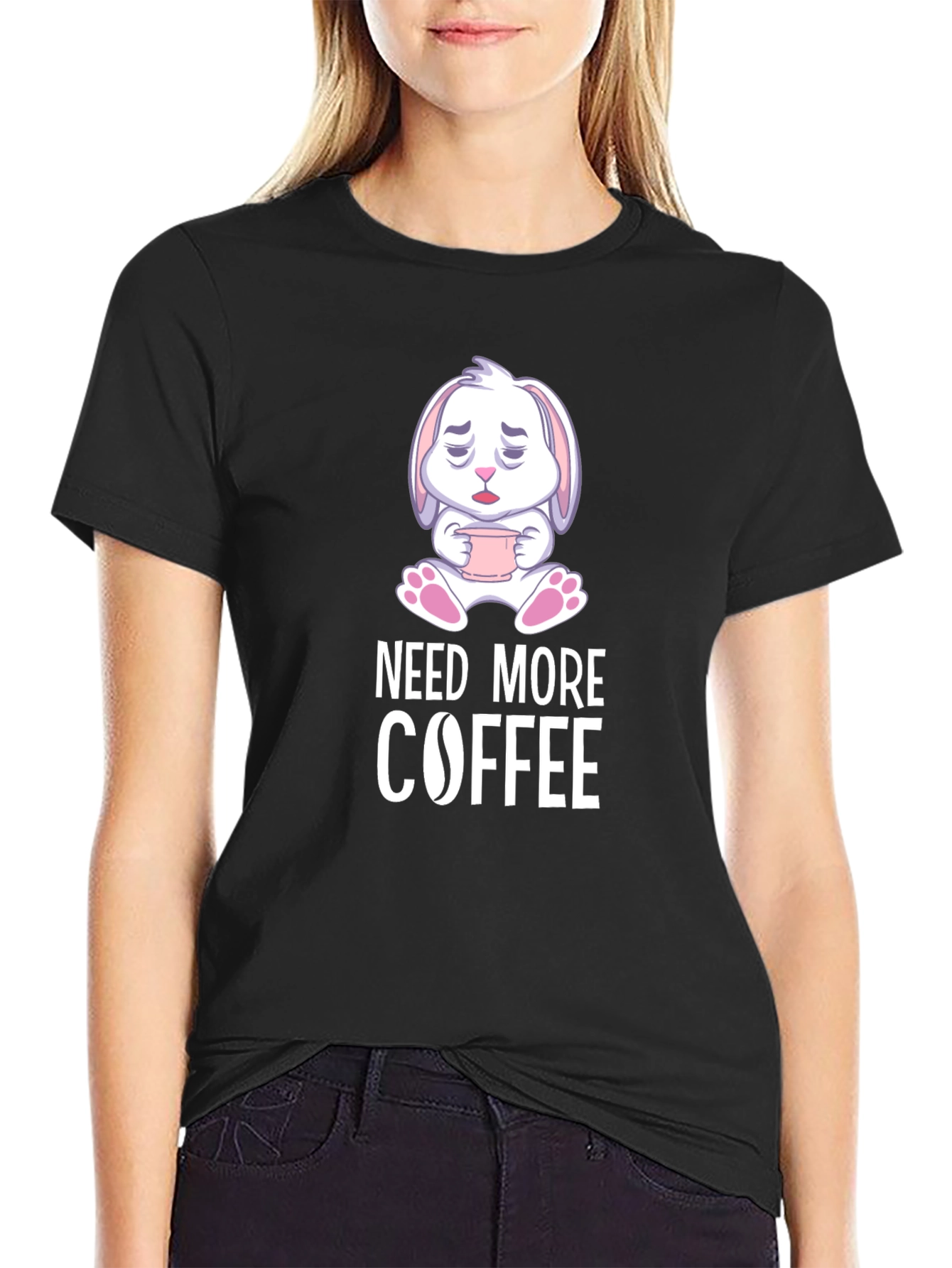 Black Need More Coffee T-Shirt - Cute Bunny Design view 2