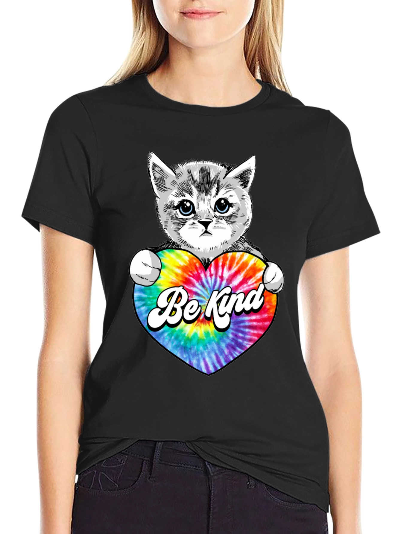 Black Cute Kitten 'Be Kind' Tie-Dye Heart T-Shirt view 2