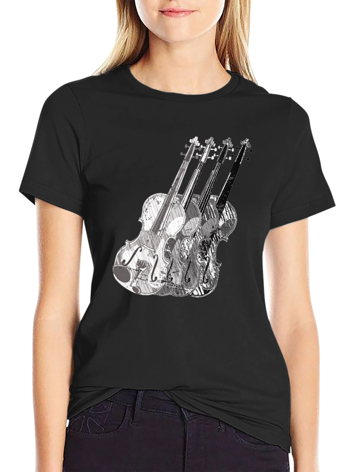 Black Musical Violin Graphic Tee - Black Crew Neck T-Shirt view 2