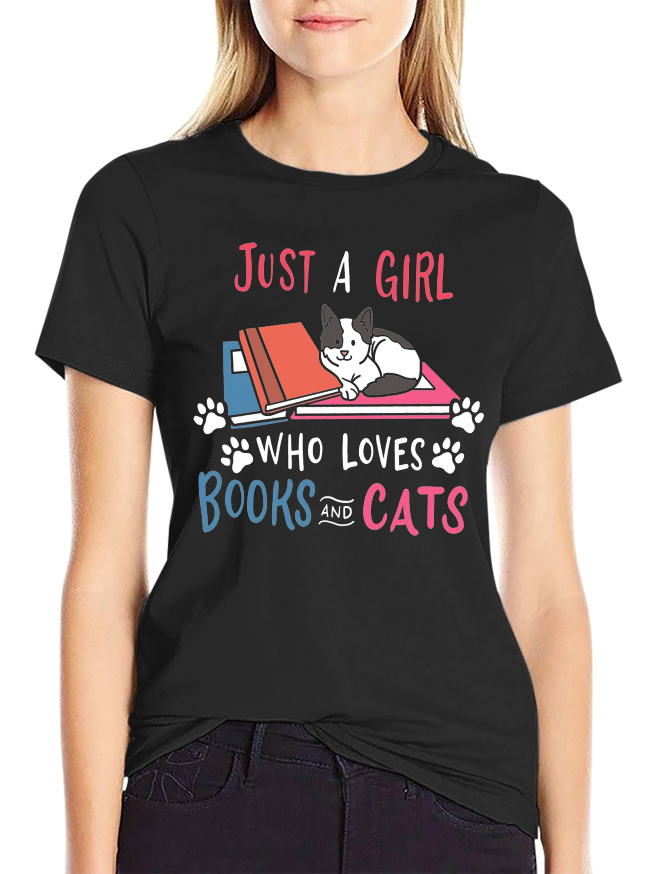 Black Just A Girl Who Loves Books and Cats T-Shirt view 2