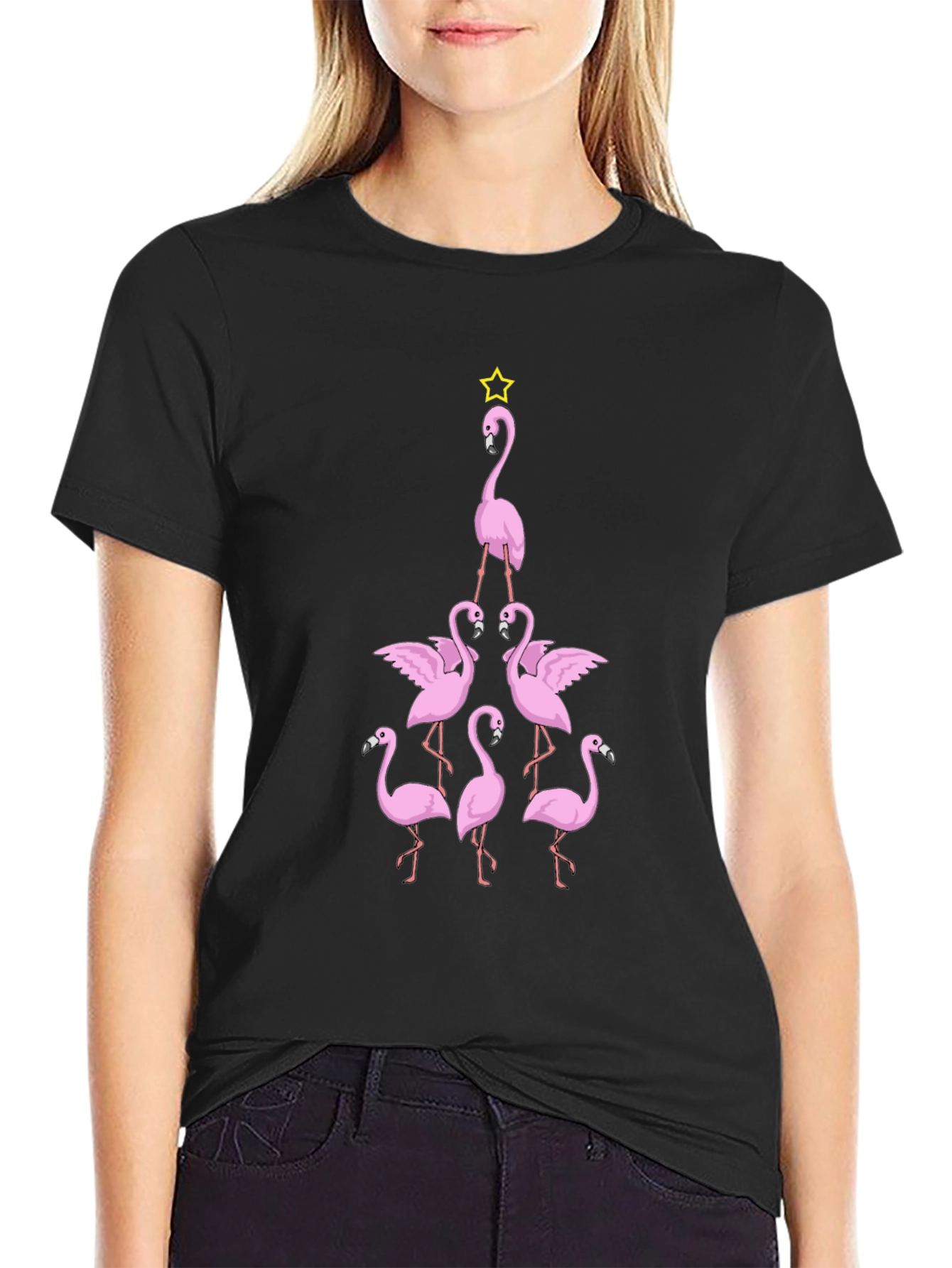 Black Flamingo Christmas Tree Graphic T-Shirt view 2