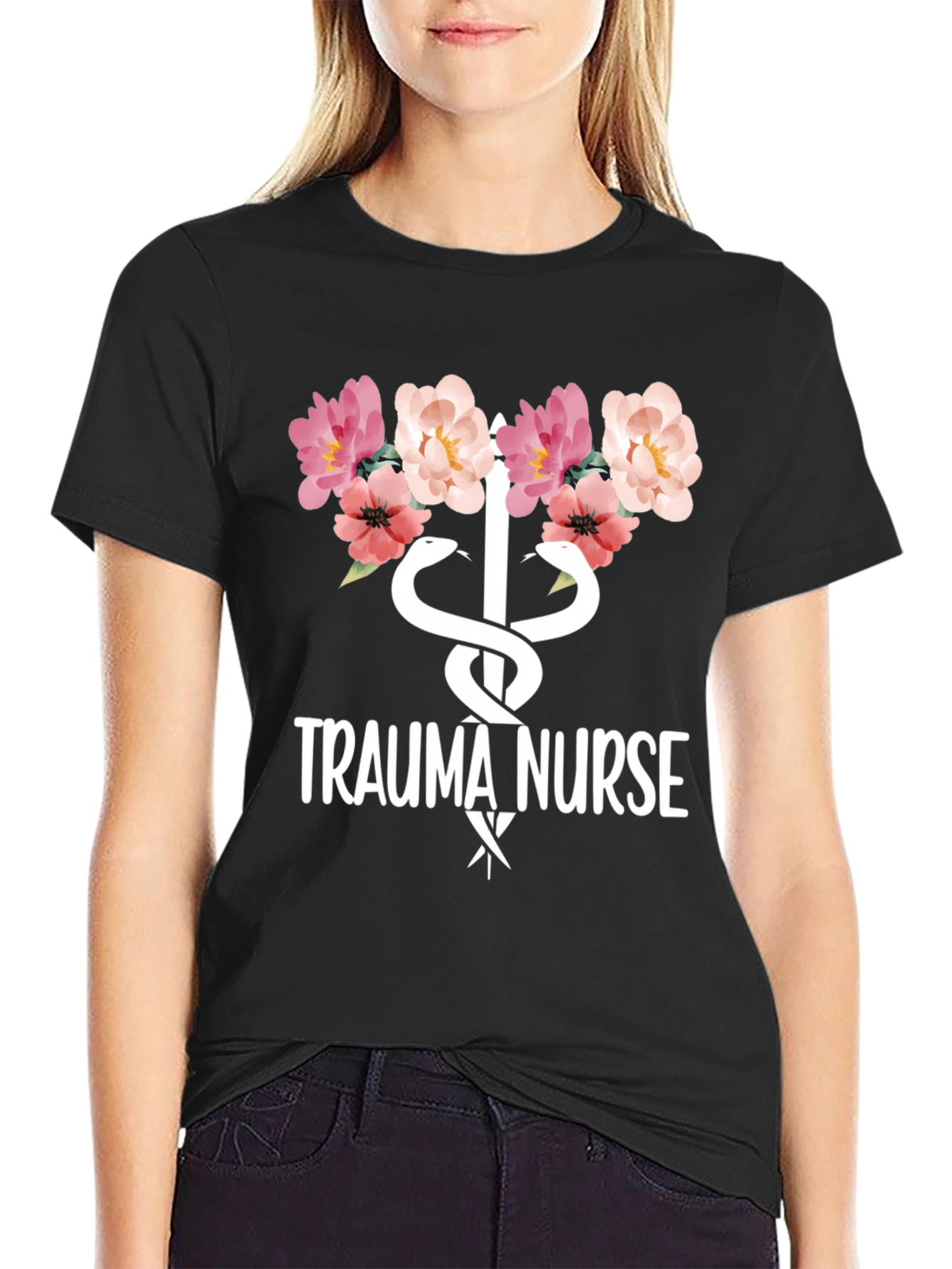 Black Trauma Nurse Floral Graphic Tee - Medical Apparel view 2