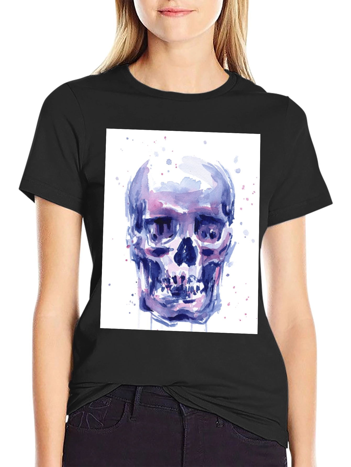 Black Watercolor Skull Graphic Tee - Artistic Print view 2