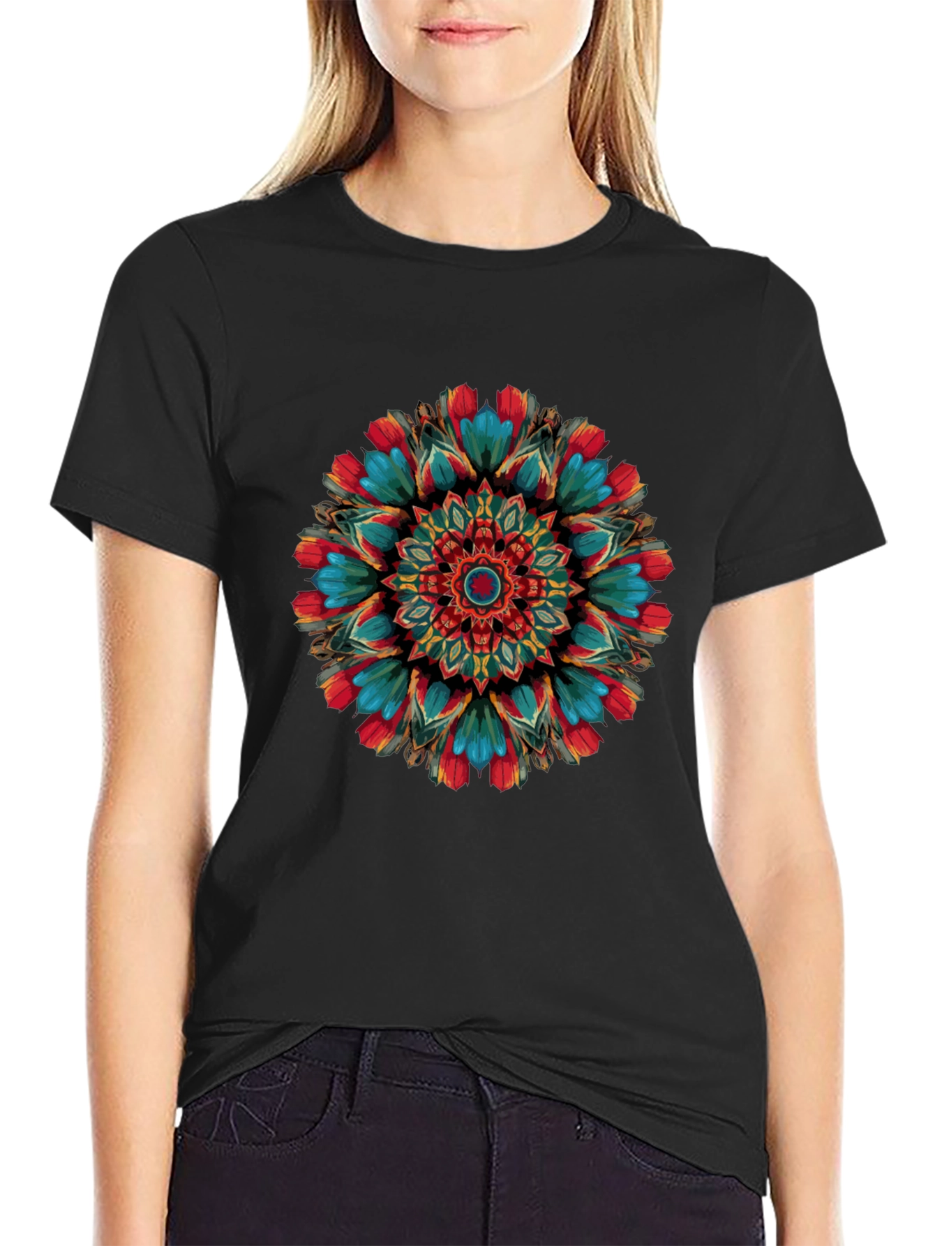 Black Vibrant Mandala Graphic Print Black T-Shirt view 2