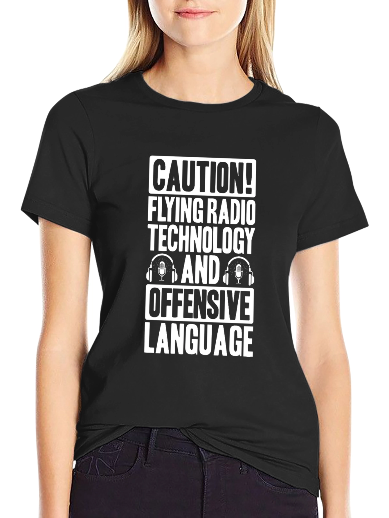 Black Caution! Flying Radio Technology Funny Black T-Shirt view 2