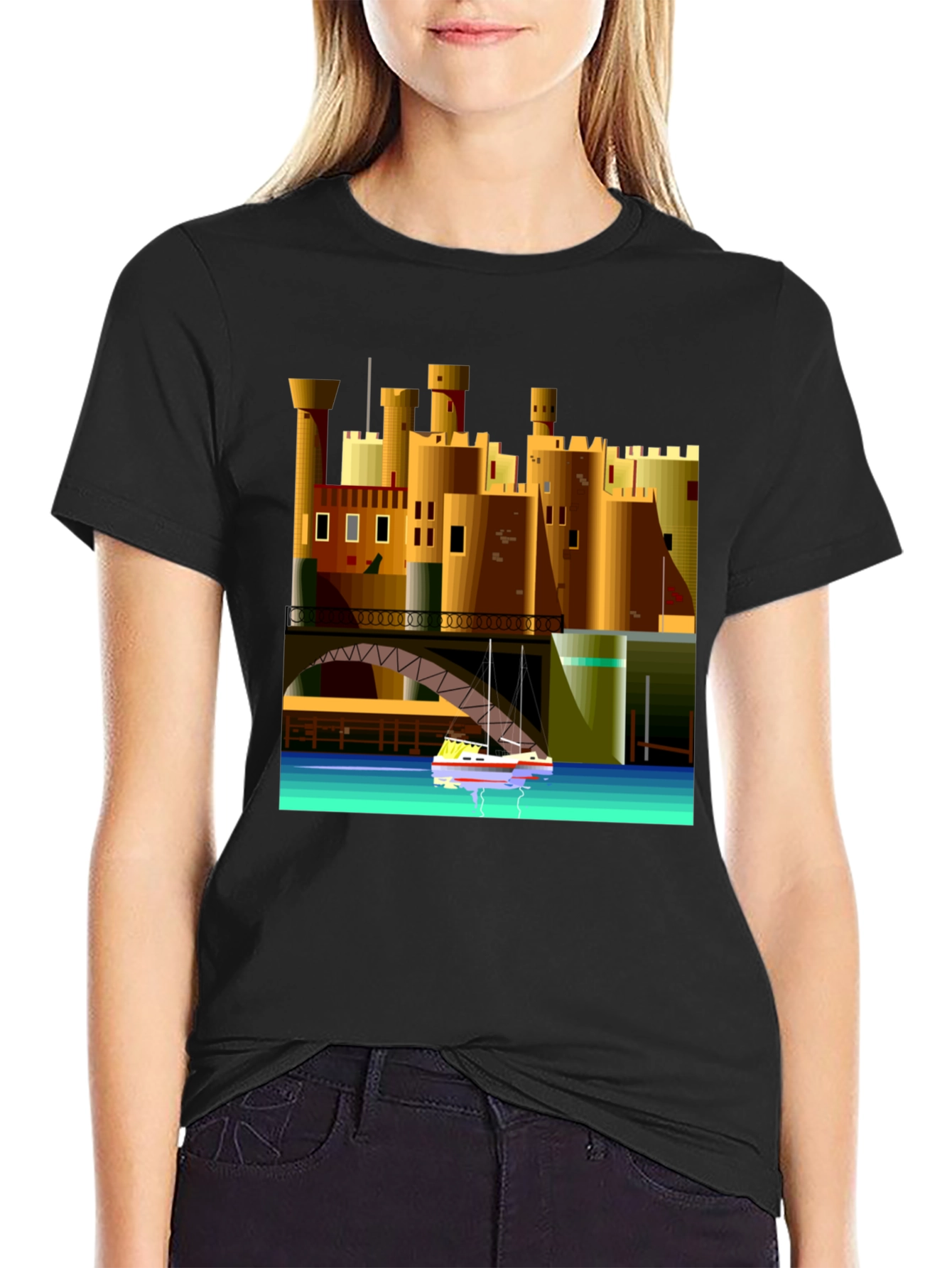 Black Cityscape Boat T-Shirt - Unique Graphic Tee view 2