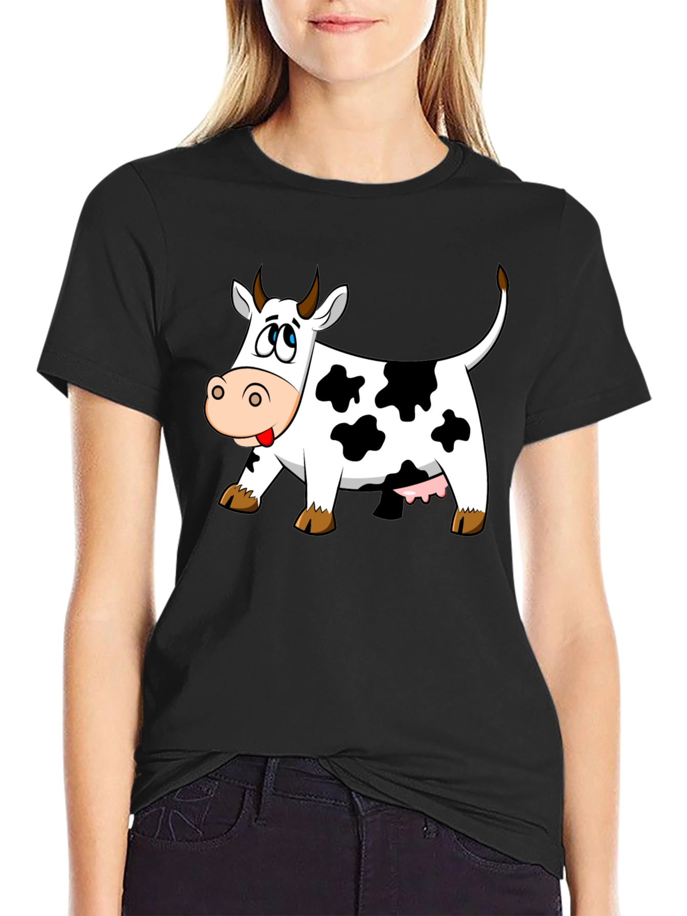 Black Cartoon Cow Graphic Tee - Black view 2