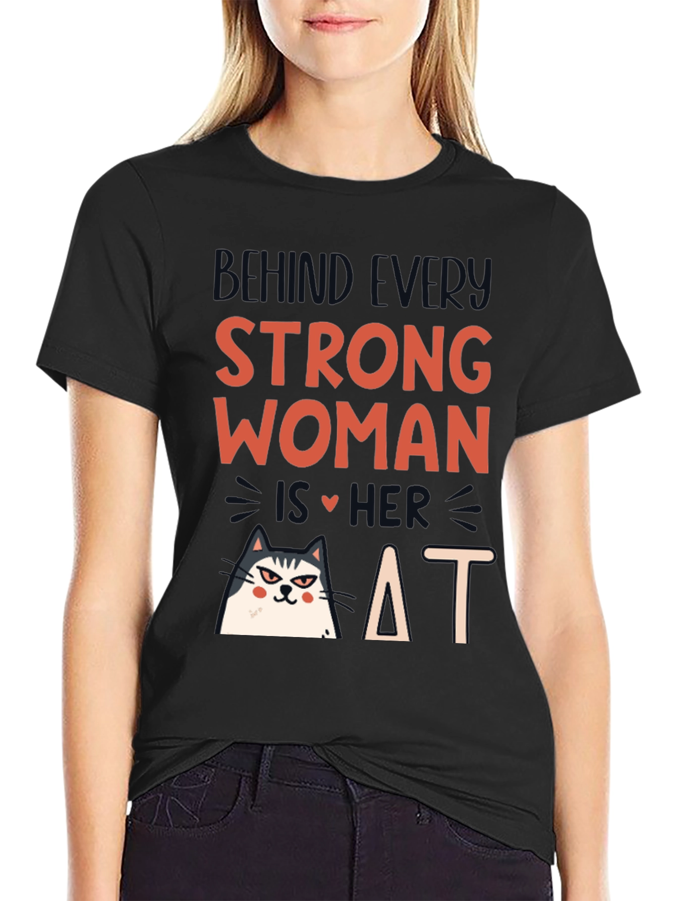 Black Strong Woman Cat T-Shirt view 2