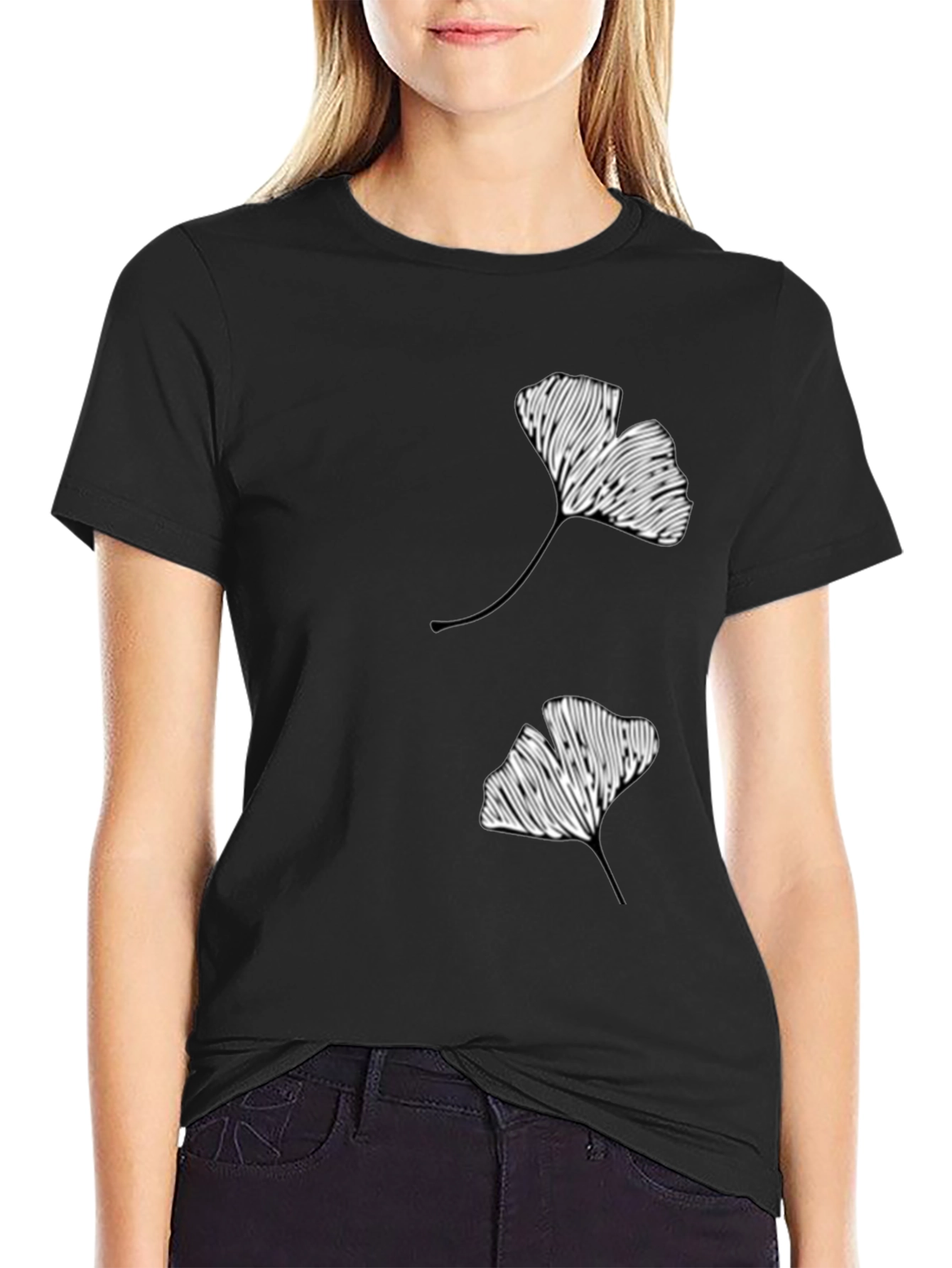 Black Black Ginkgo Leaf Graphic T-Shirt view 2