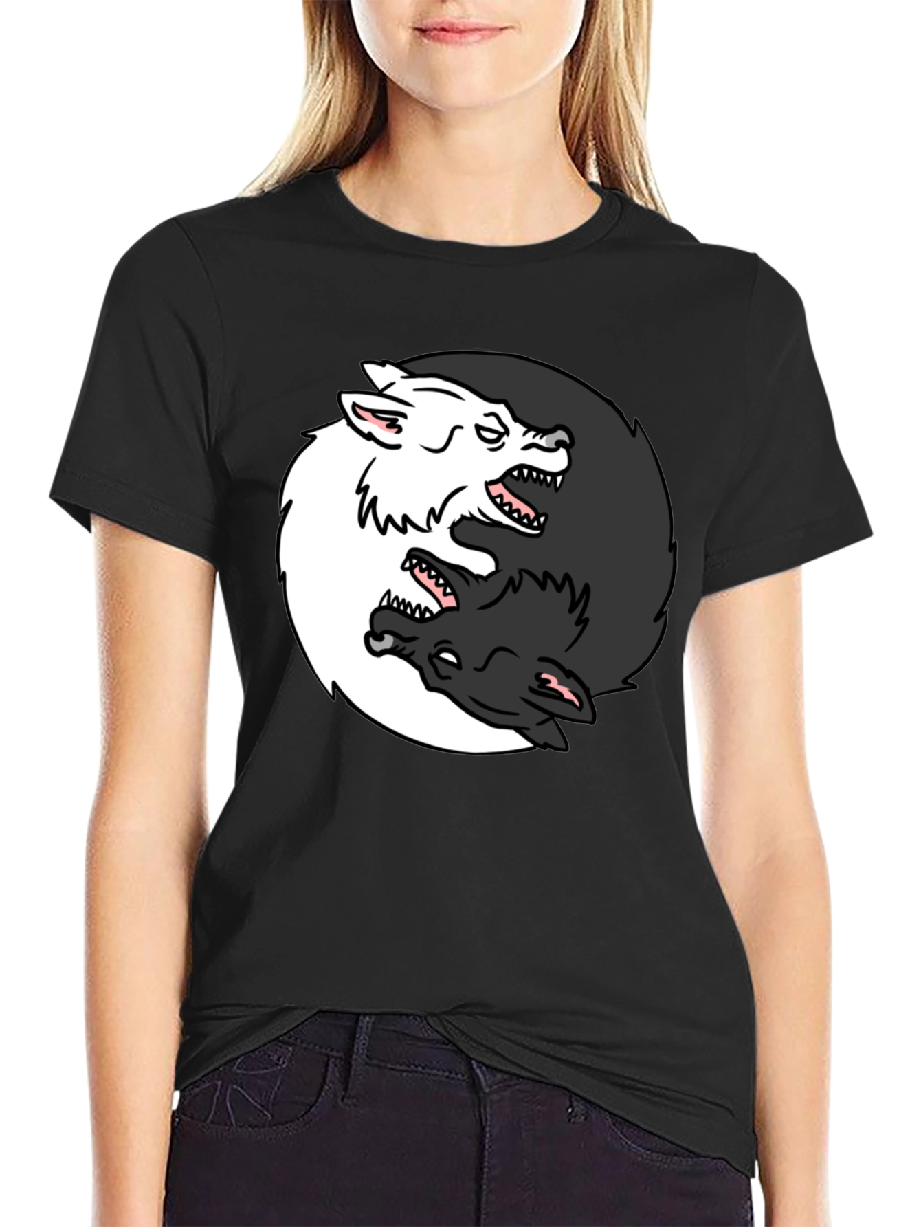 Black Yin Yang Wolves Graphic Black T-Shirt view 2