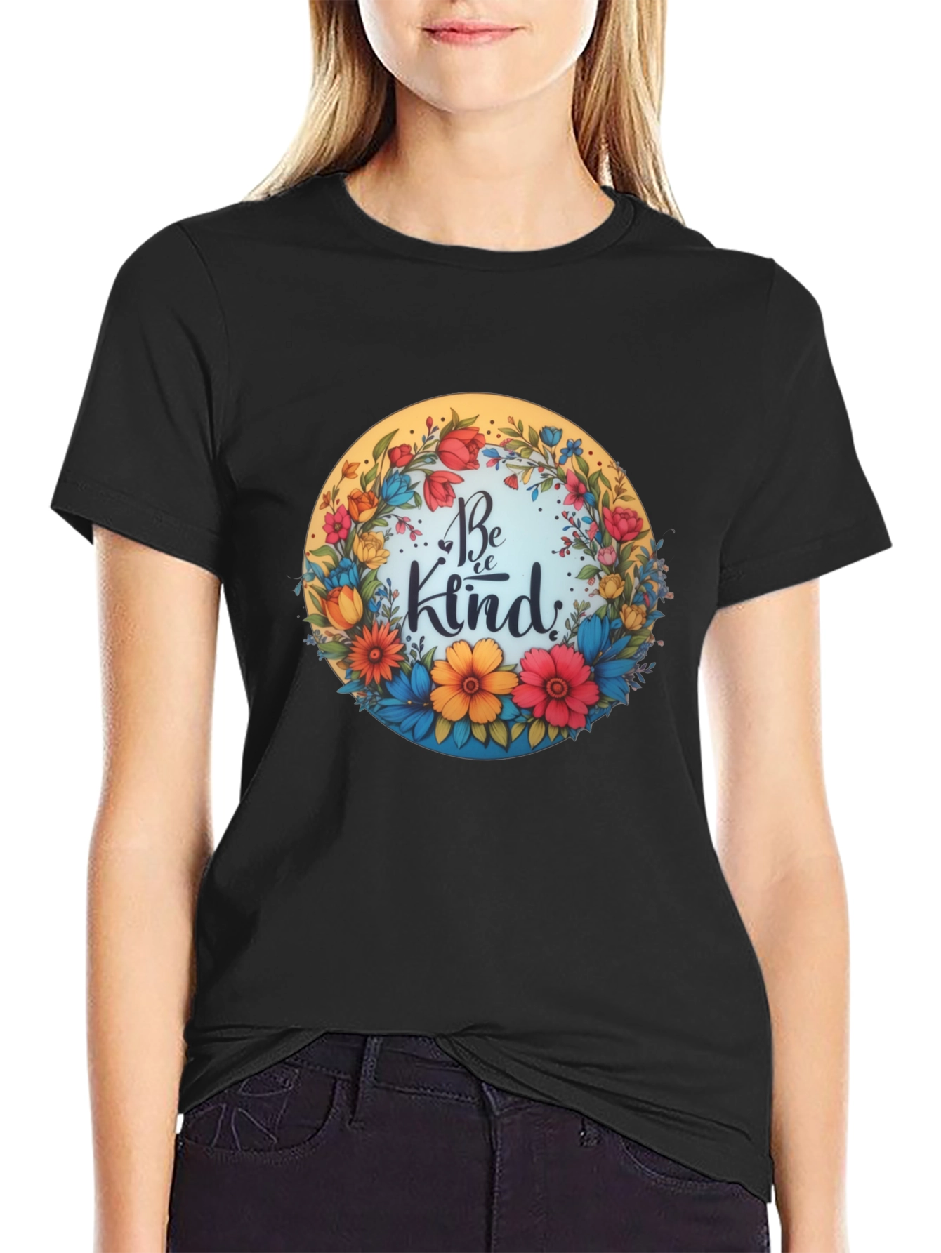Black Be Kind Floral Wreath Graphic Tee - Black view 2