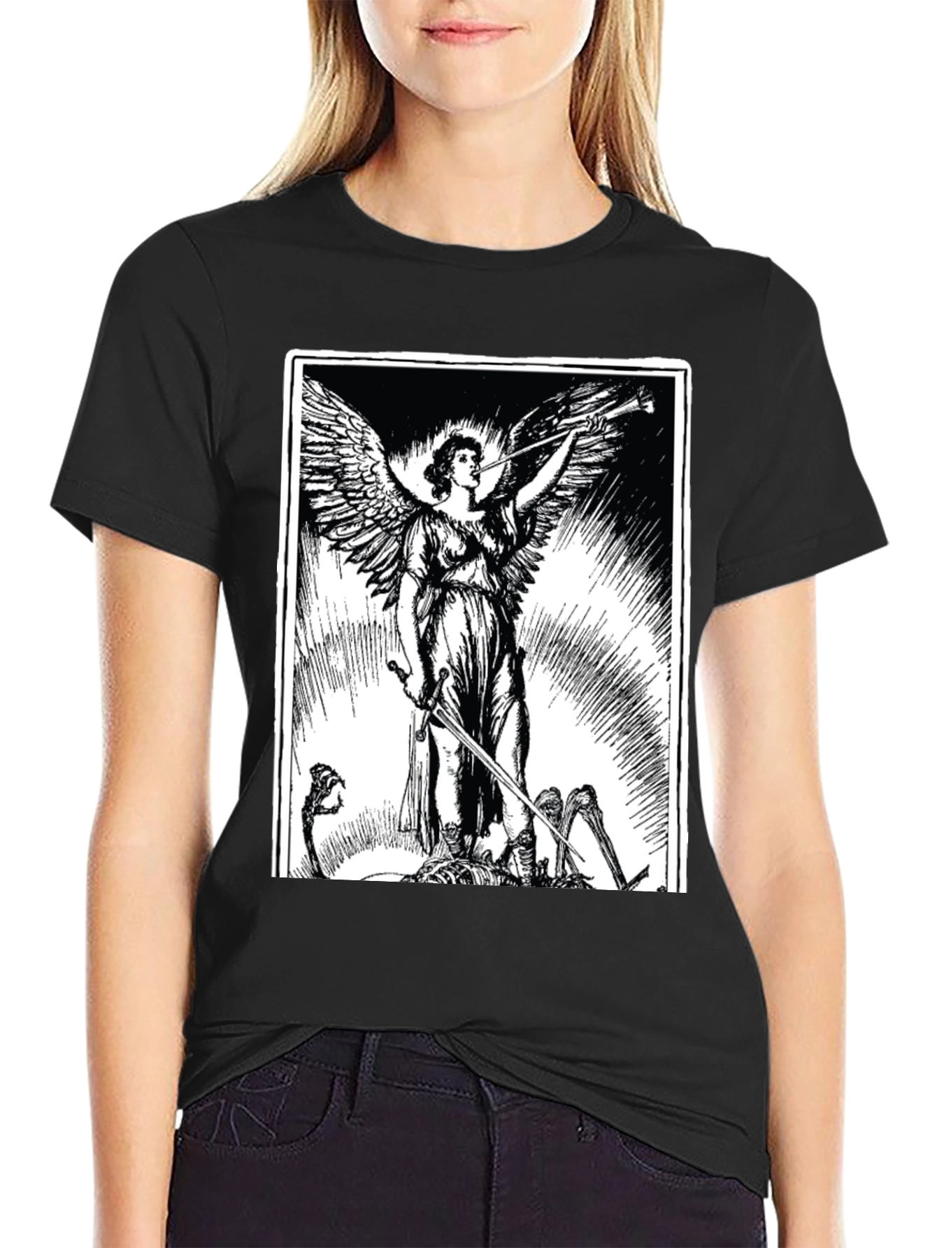 Black Angel with Sword Graphic Print Black T-Shirt view 2