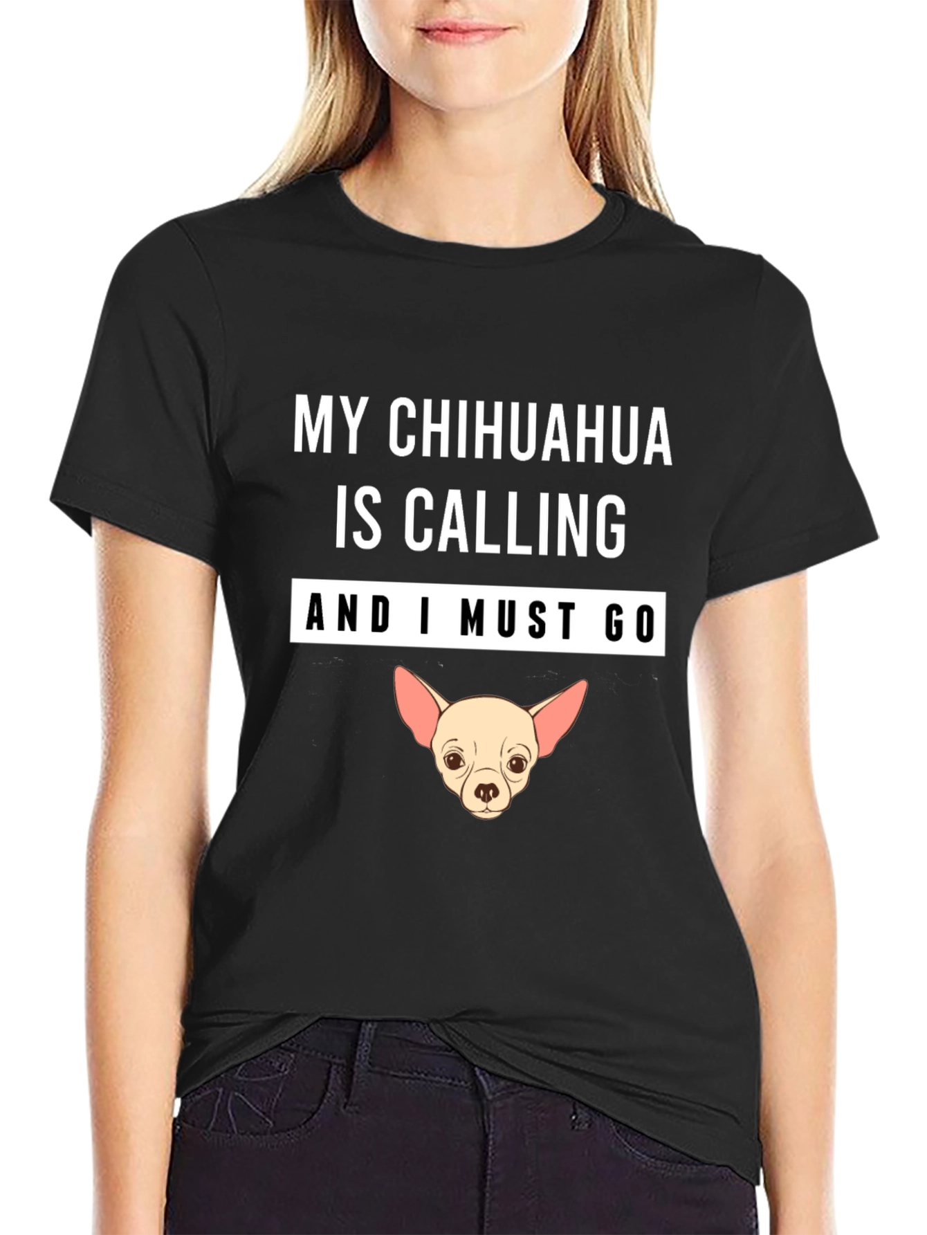 Black Chihuahua Calling T-Shirt view 2
