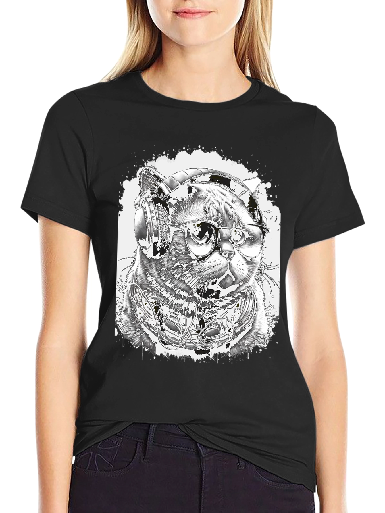 Black Cool Cat T-Shirt - Headphones & Glasses view 2