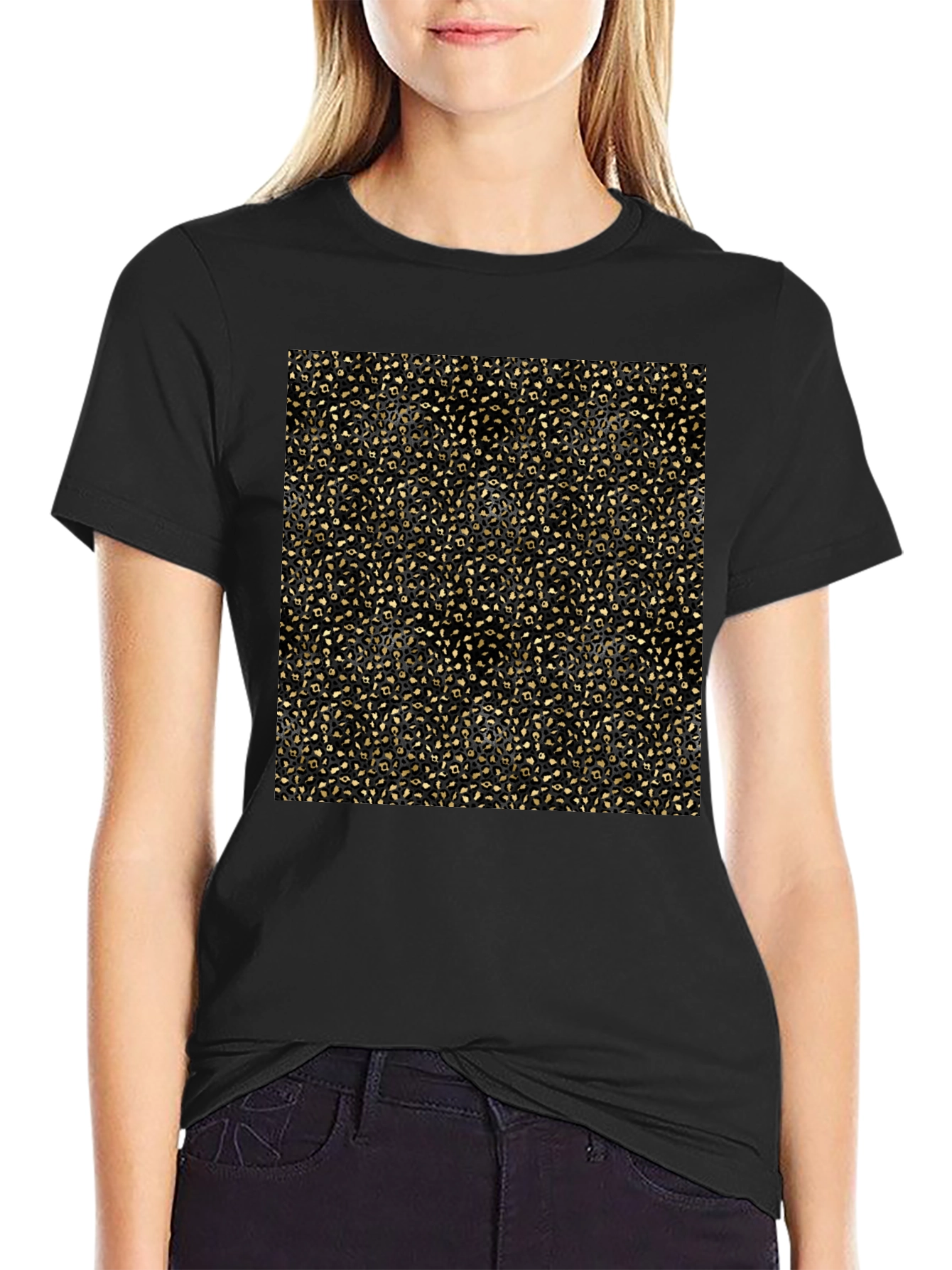 Black Elegant Gold Pattern Black T-Shirt view 2