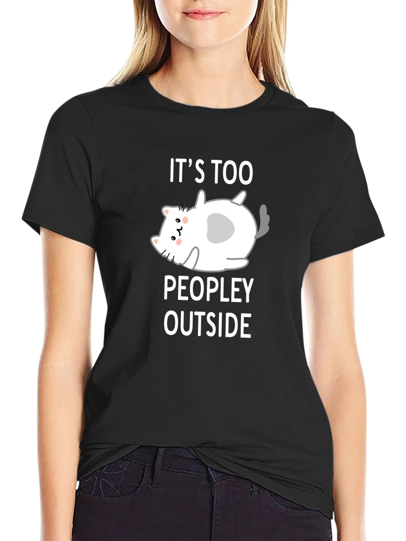 Black Funny Cat Lover T-Shirt - It's Too Peopley Outside view 2