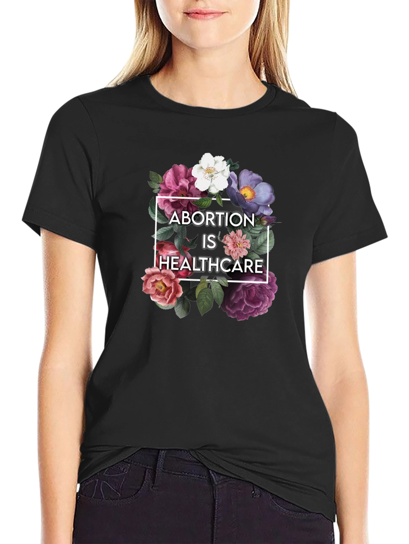 Black Floral Abortion is Healthcare Black T-Shirt view 2