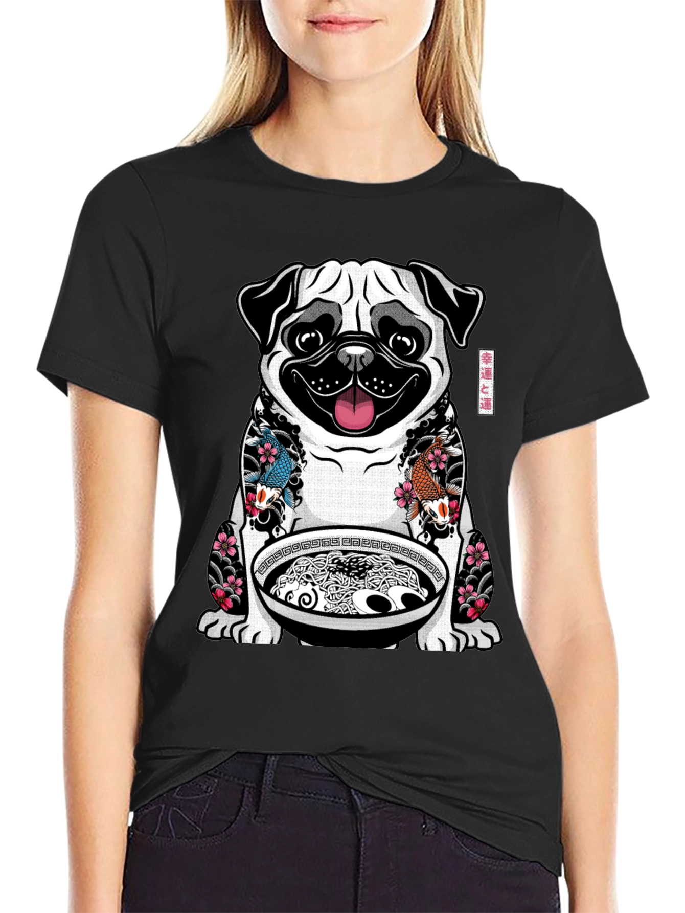 Black Ramen Pug Graphic T-Shirt - Unique Design view 2