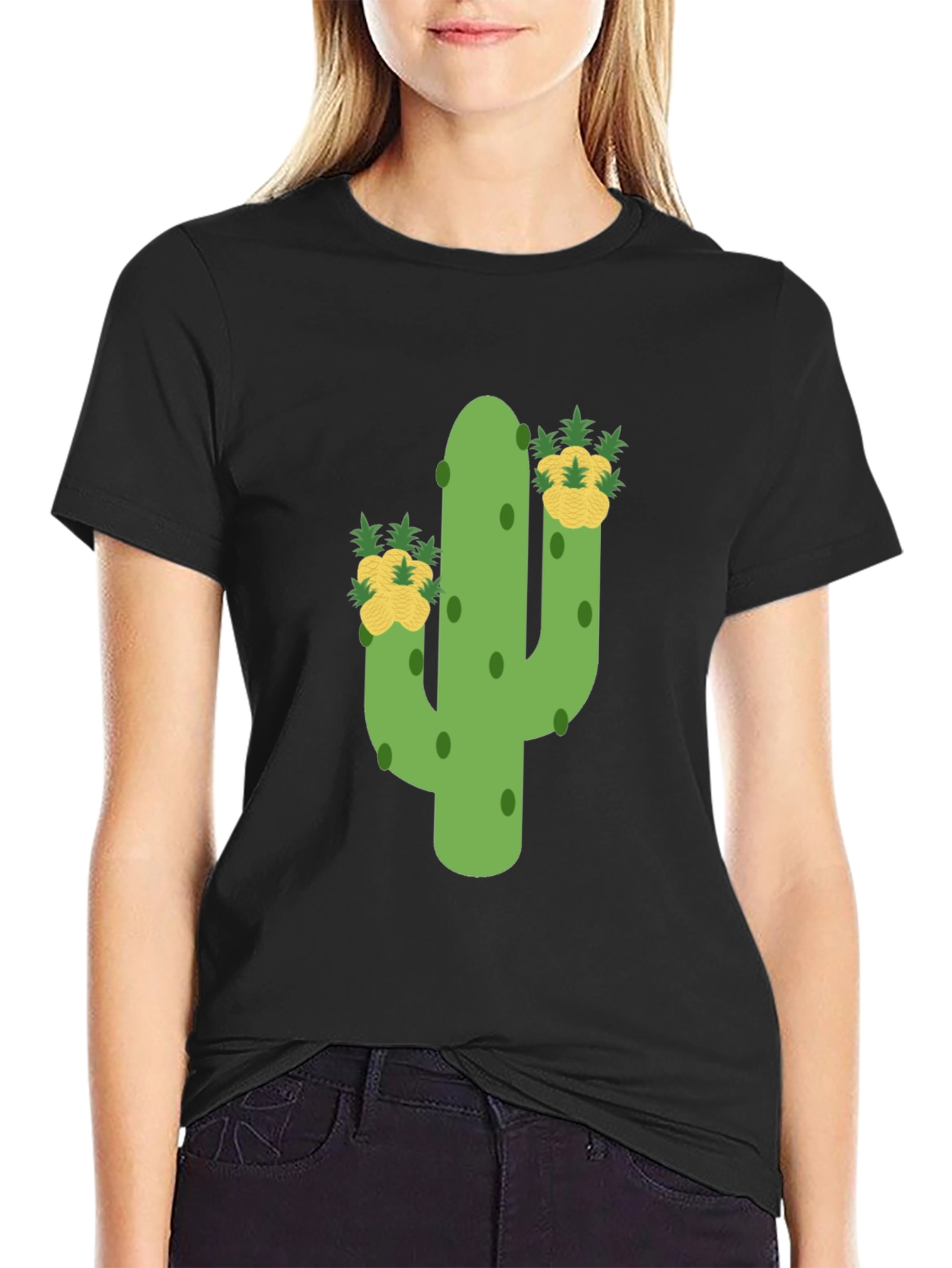 Black Cactus & Pineapple Tee - Whimsical Graphic Print view 2