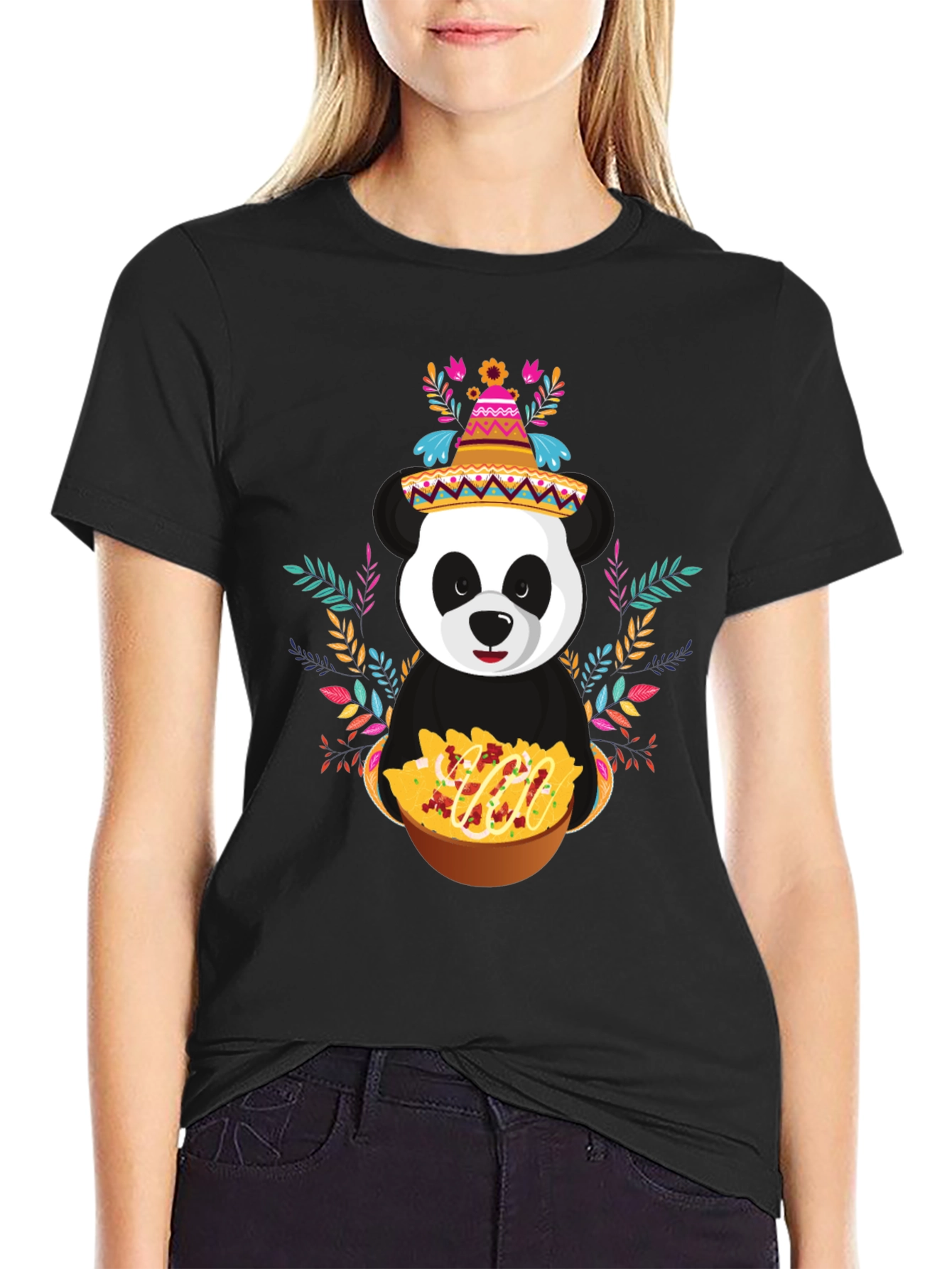 Black Panda Fiesta T-Shirt - Nachos, Sombrero, Colorful view 2