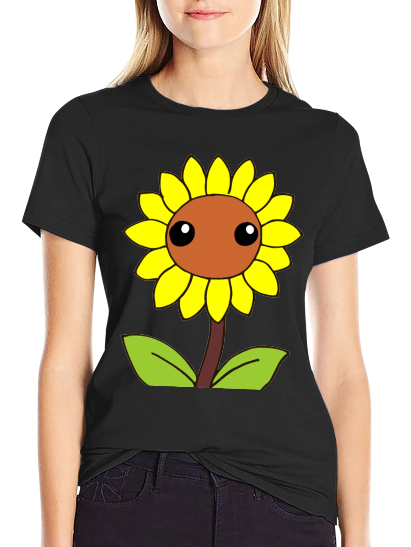 Black Cute Cartoon Sunflower Graphic Black T-Shirt view 2