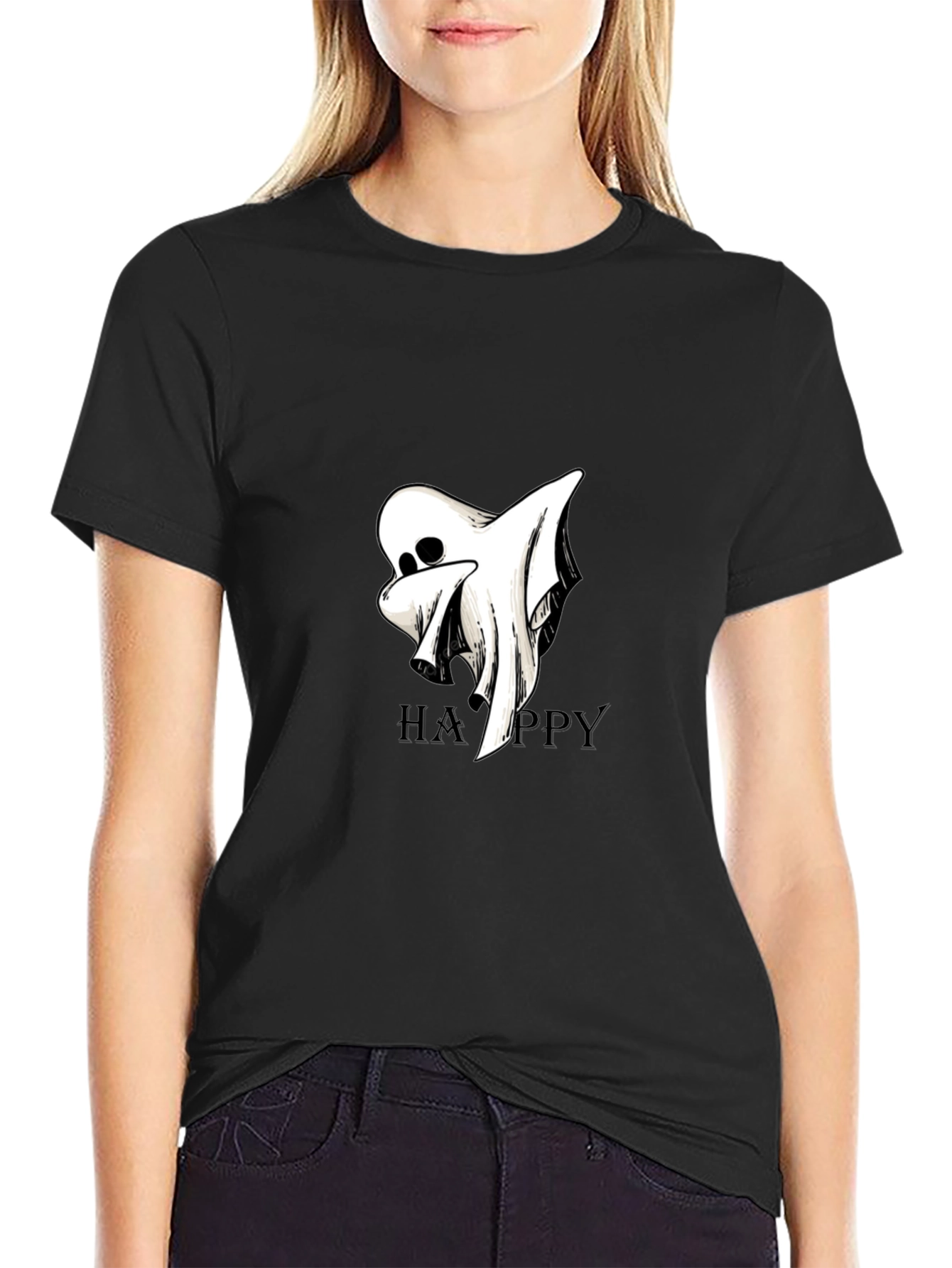 Black Spooky Ghost Happy Graphic Black T-Shirt view 2