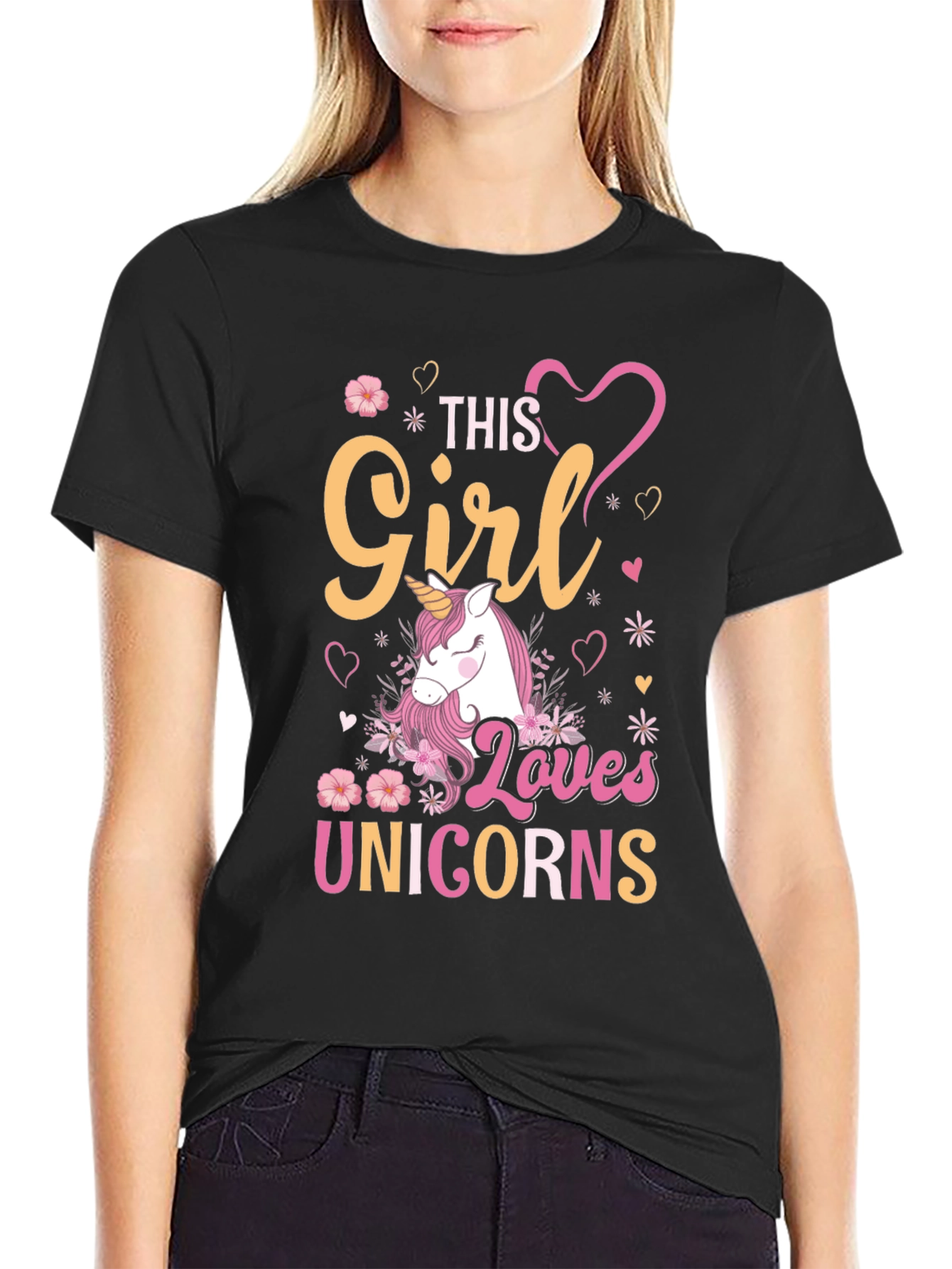 Black Girl Loves Unicorns T-Shirt, Black view 2