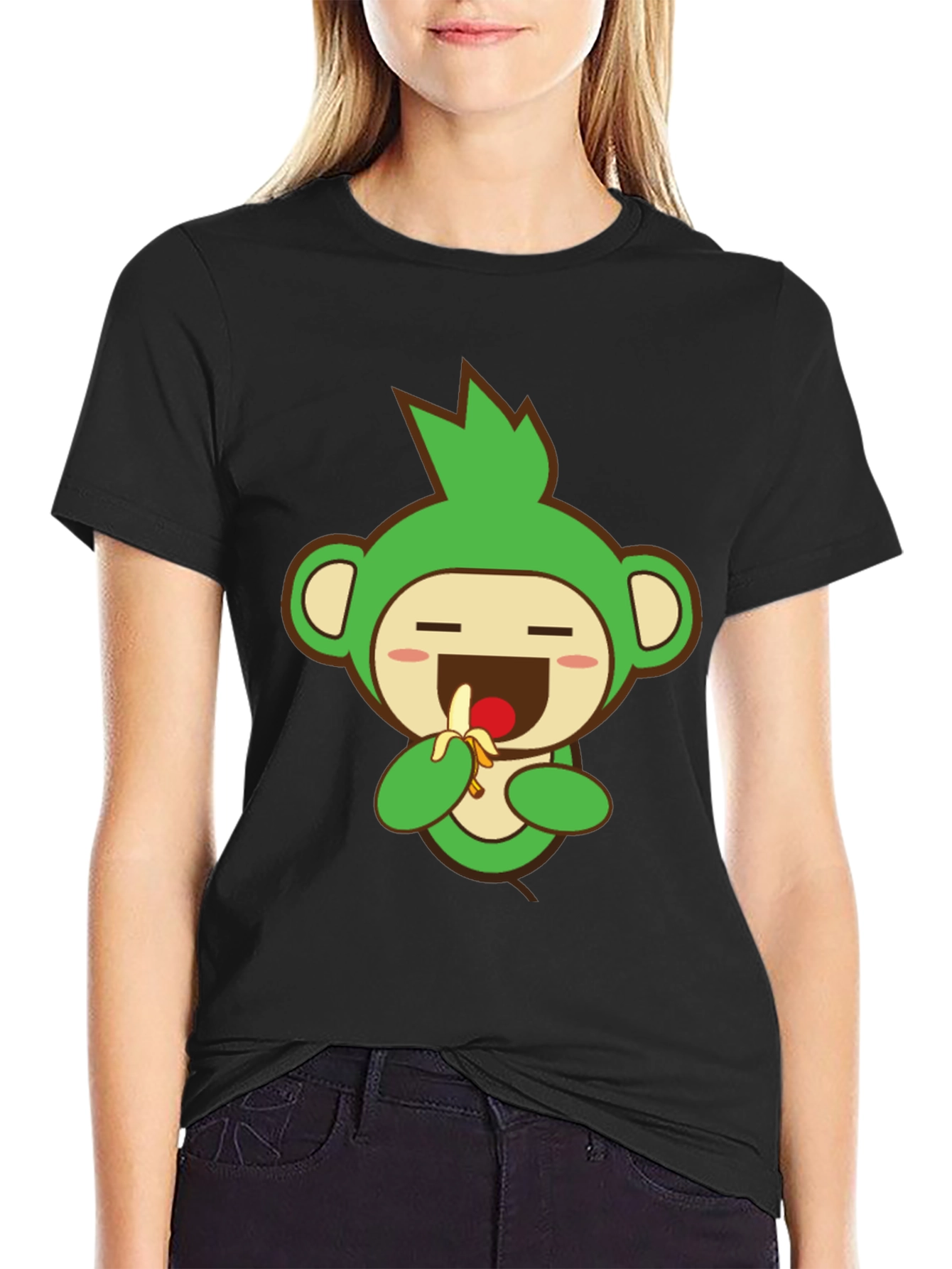 Black Cute Monkey Graphic Tee - Black Cotton Blend view 2