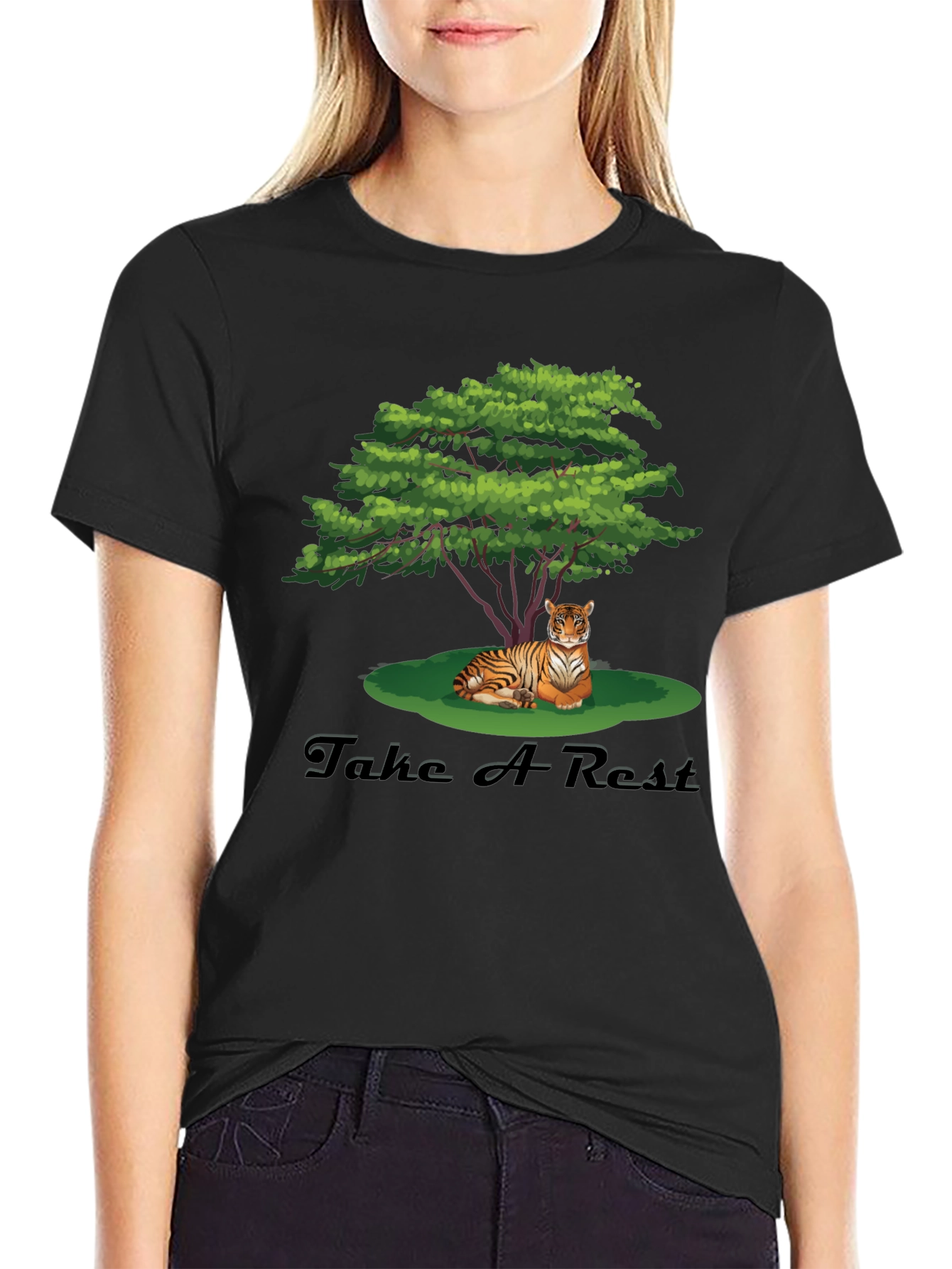 Black Men's Black Tiger Resting Under Tree Graphic Tee view 2