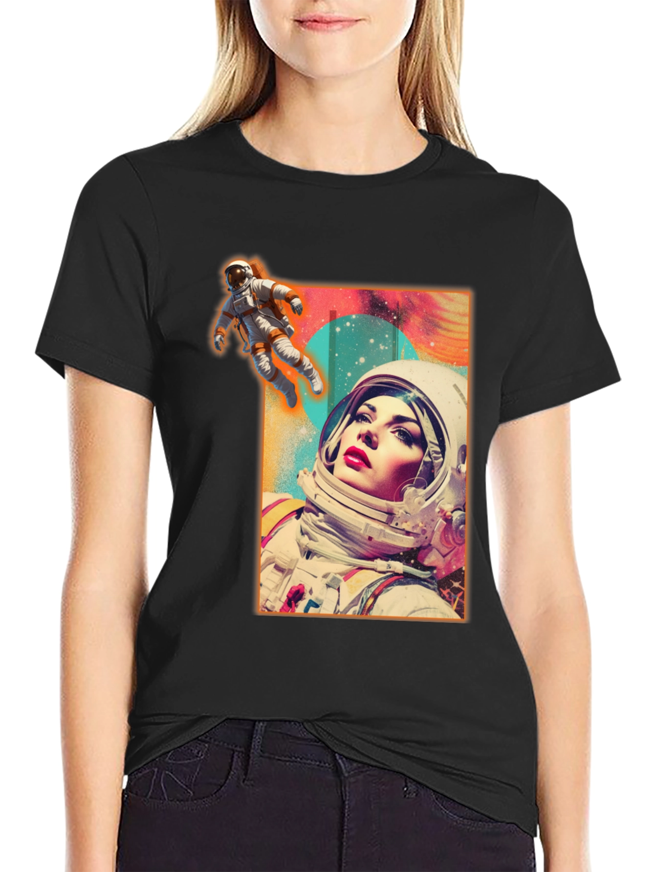 Black Astronaut Woman Graphic Tee - Stylish Space Design view 2