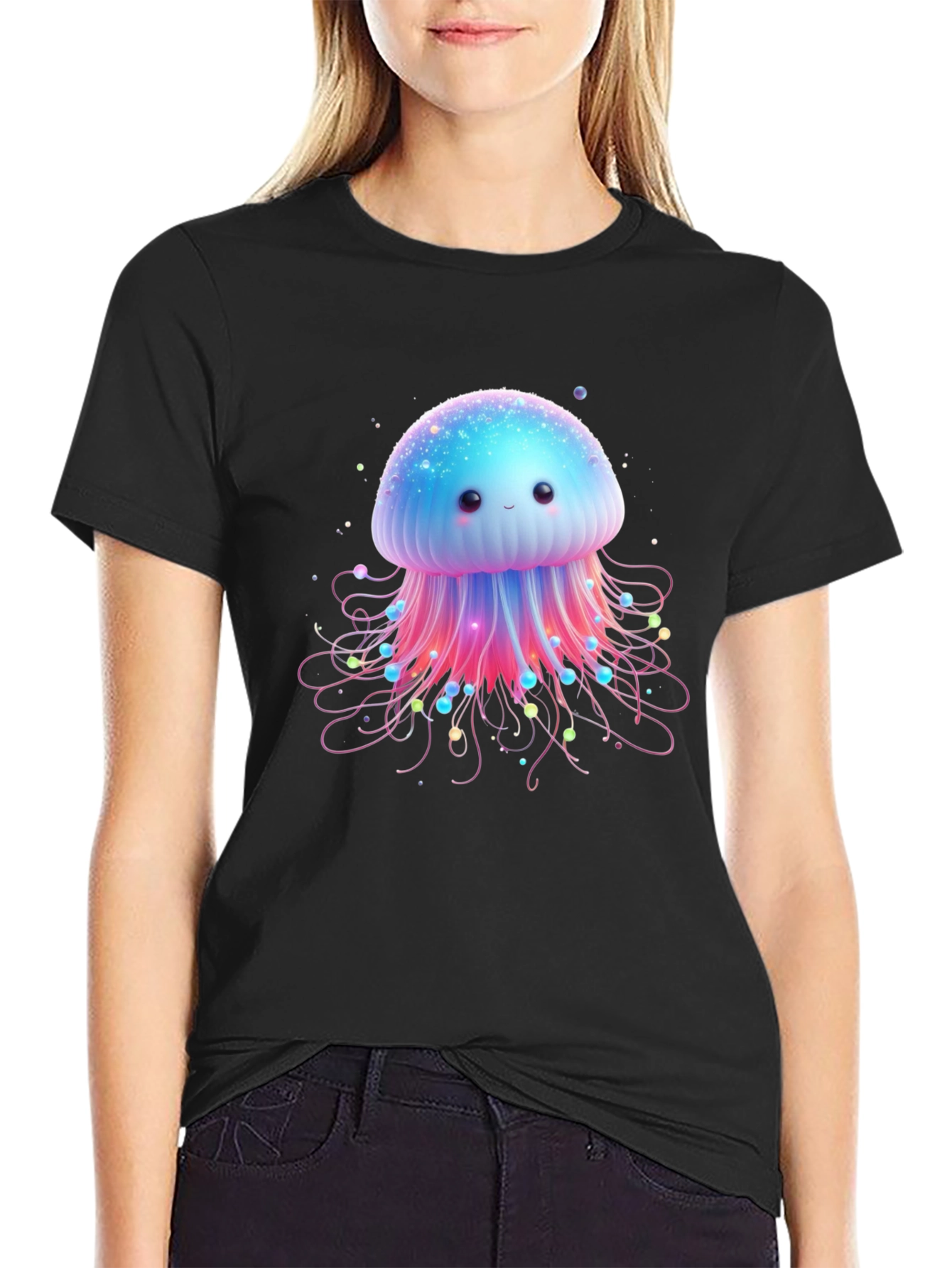 Black Cute Jellyfish Graphic Tee - Soft Cotton Comfort view 2