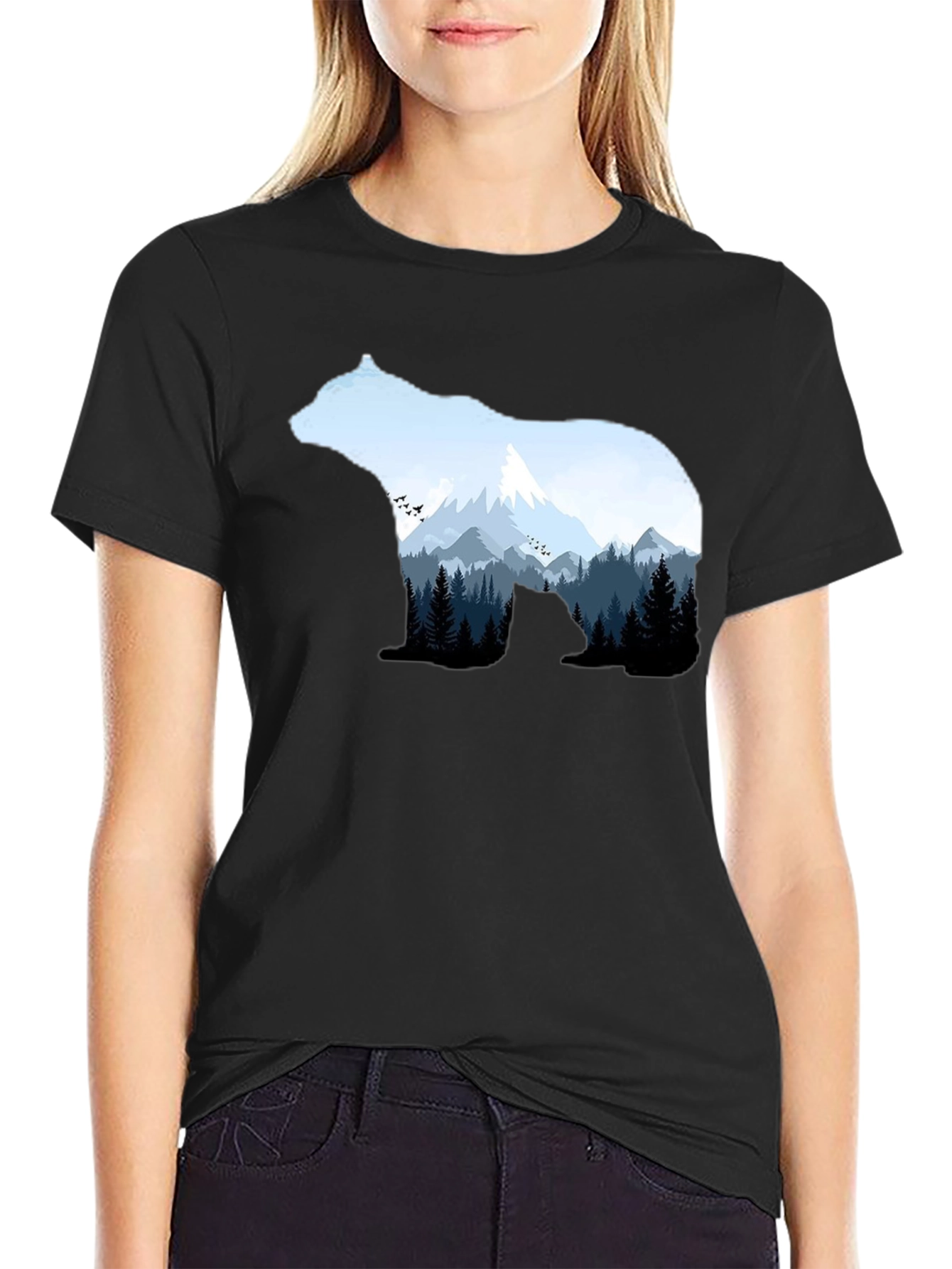 Black Nature Bear Graphic Tee - Black Crew Neck T-Shirt view 2