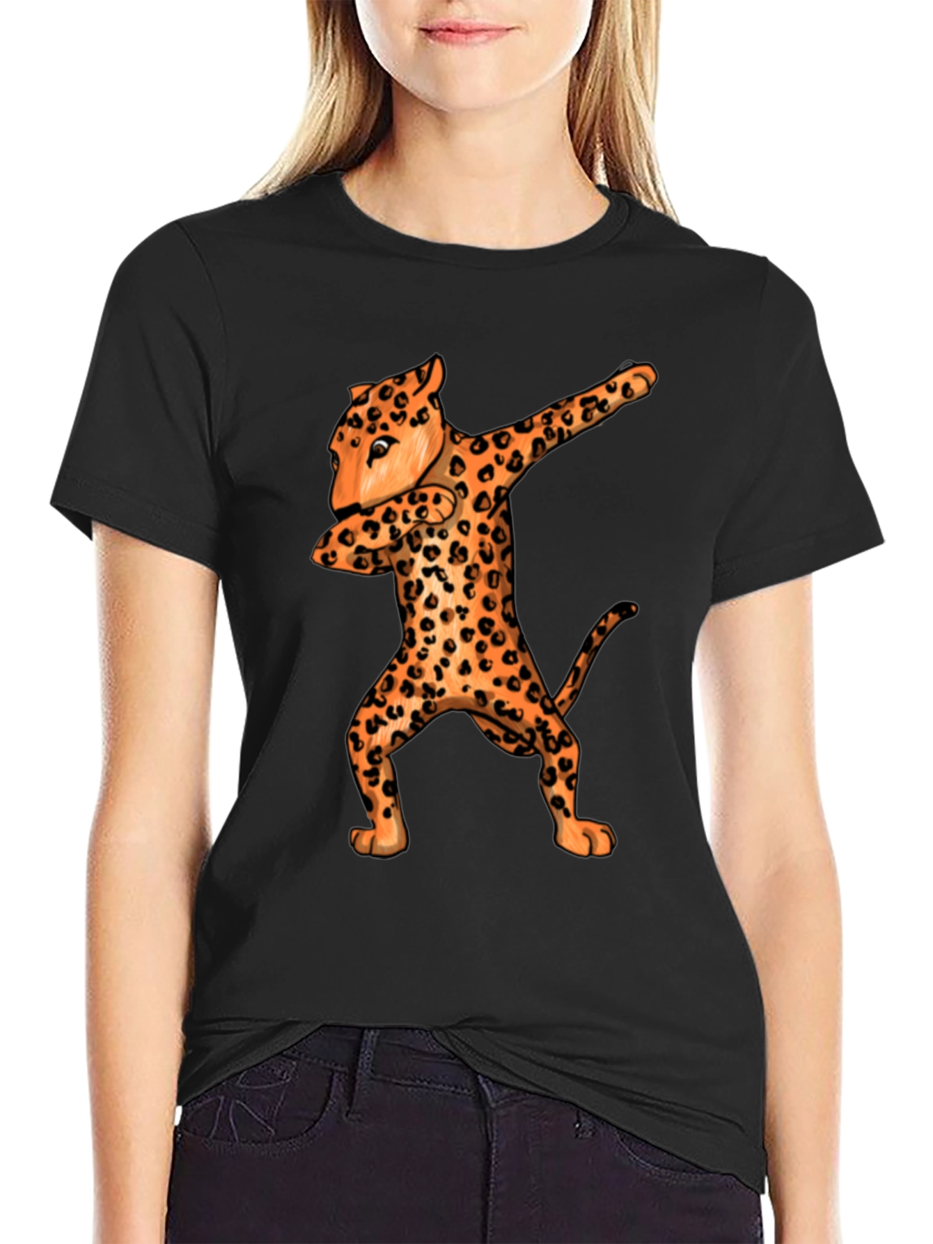 Black Dabbing Leopard Graphic Tee - Black Crew Neck view 2