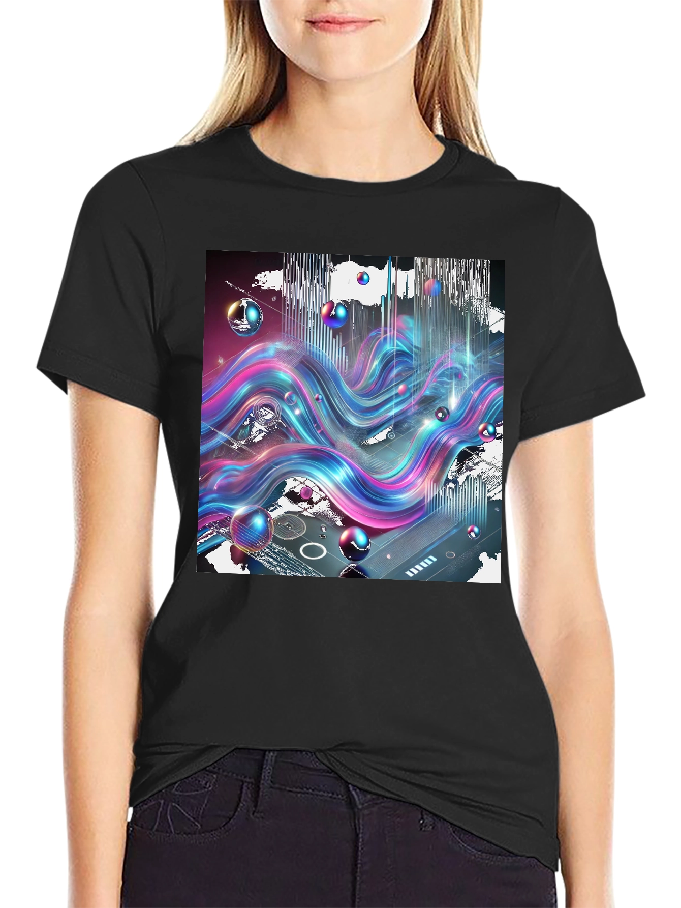 Black Vibrant Wave T-Shirt: Abstract Art Print view 2