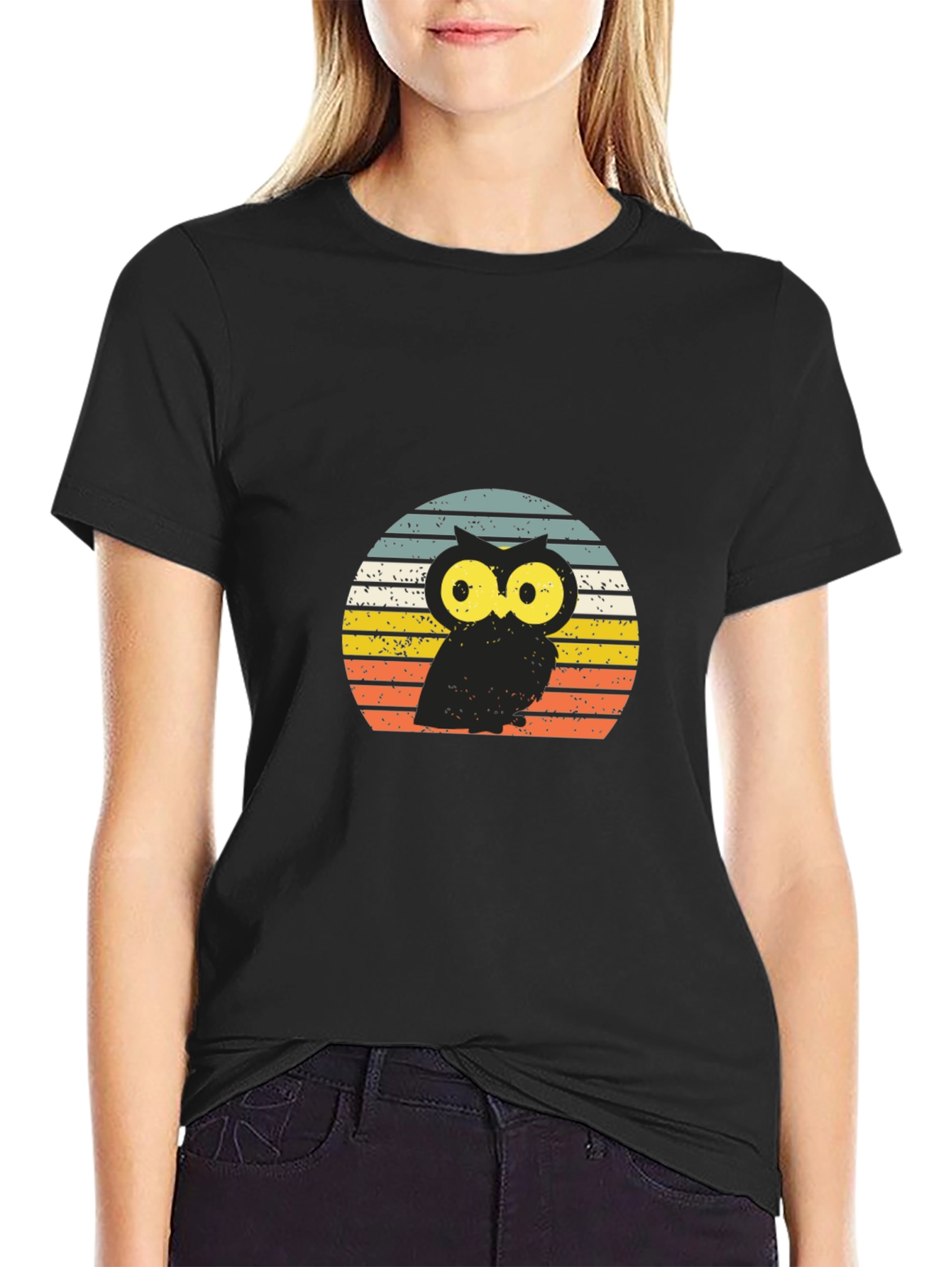 Black Retro Owl T-Shirt - Vintage Sunset Design view 2