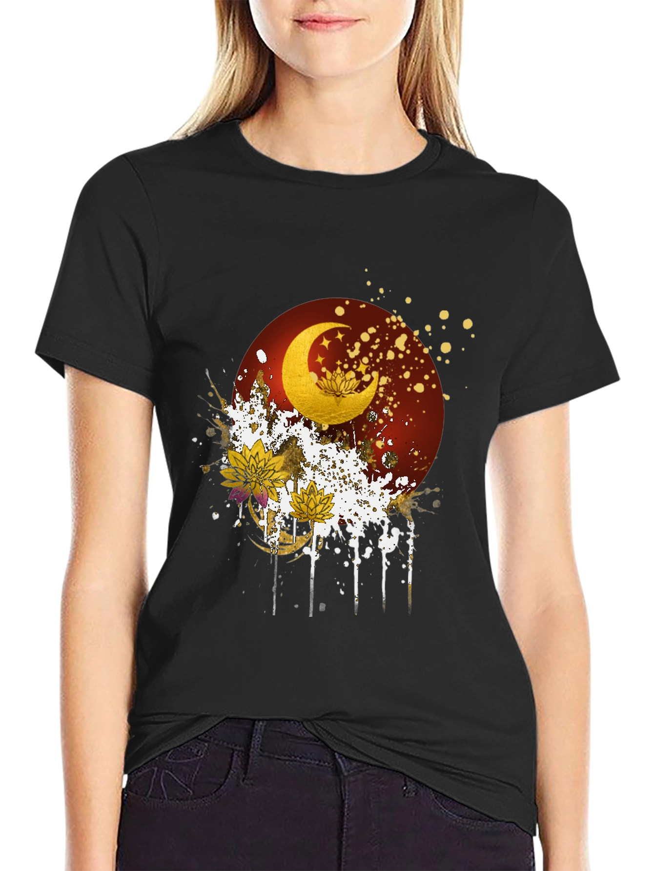 Black Celestial Moon & Lotus Graphic Tee view 2