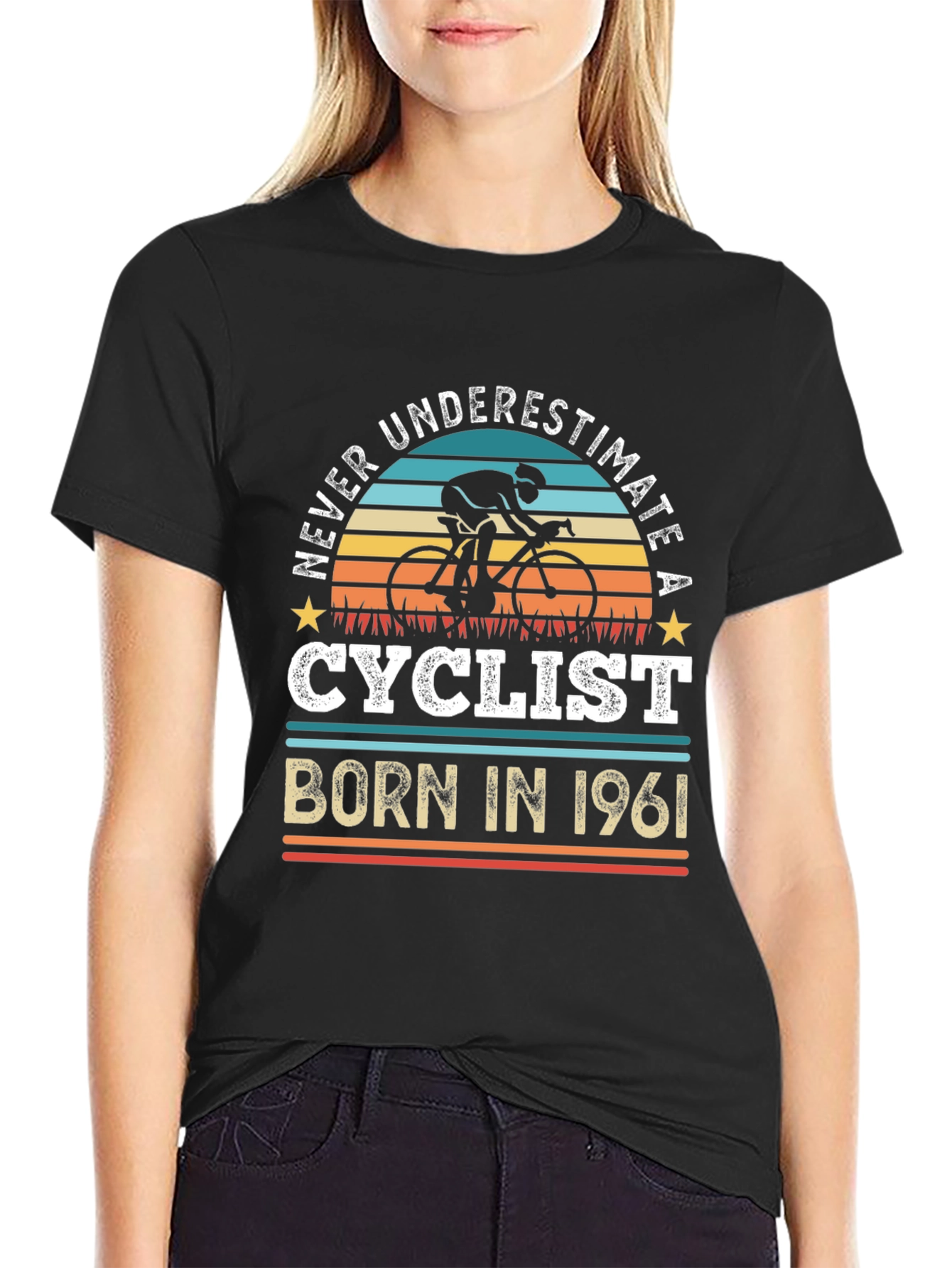 Black Never Underestimate a Cyclist Born in 1961 T-Shirt view 2