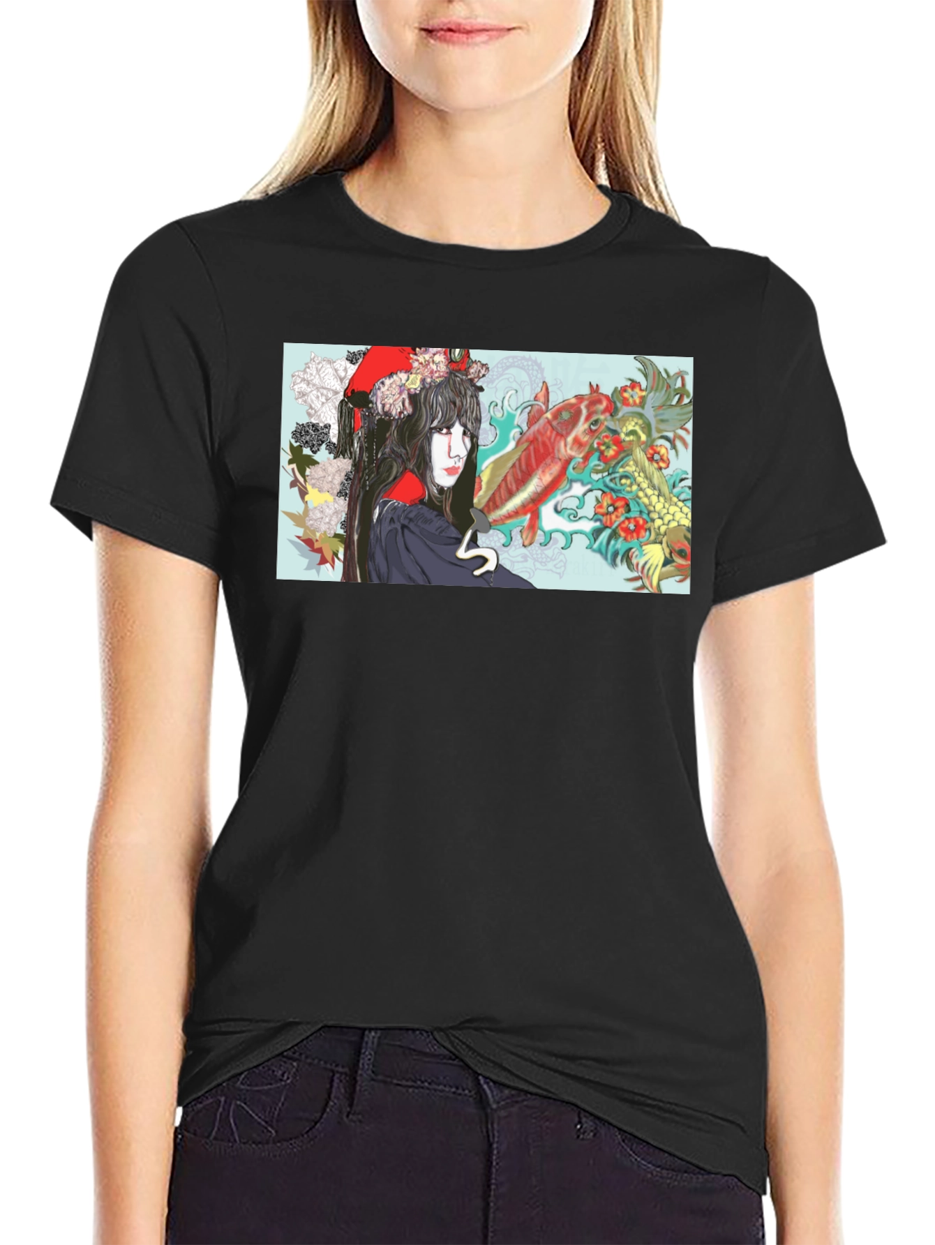 Black Koi Fish Geisha Graphic T-Shirt view 2