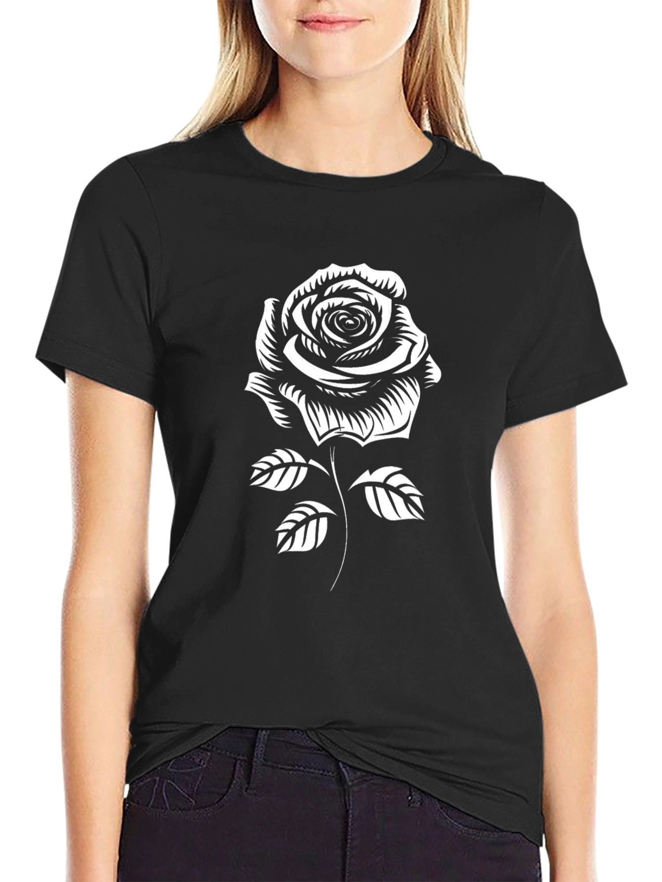 Black Rose Graphic Tee - Classic Black Cotton T-Shirt view 2