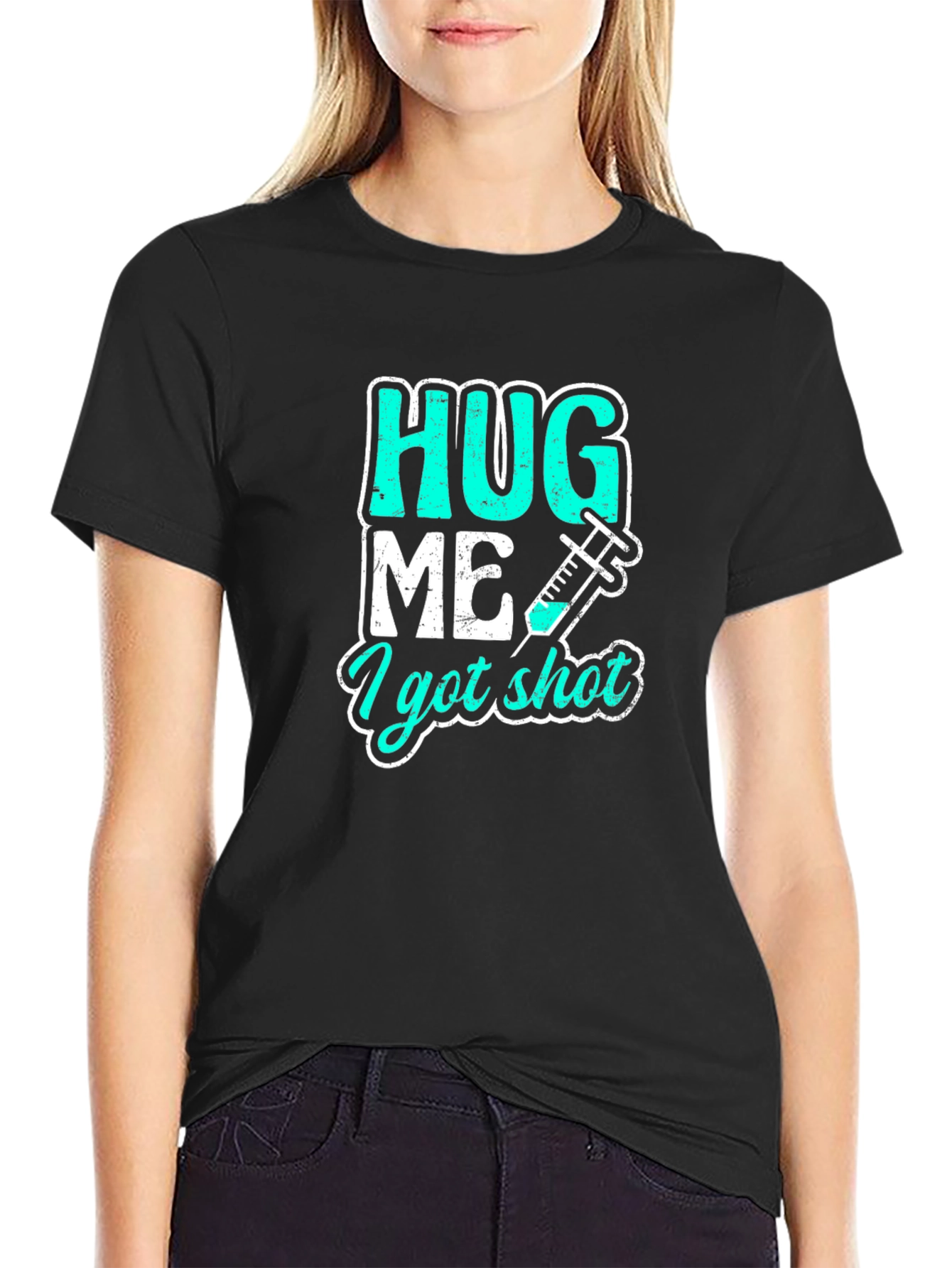 Black Hug Me I Got Shot T-Shirt - Vaccine Humor Tee view 2