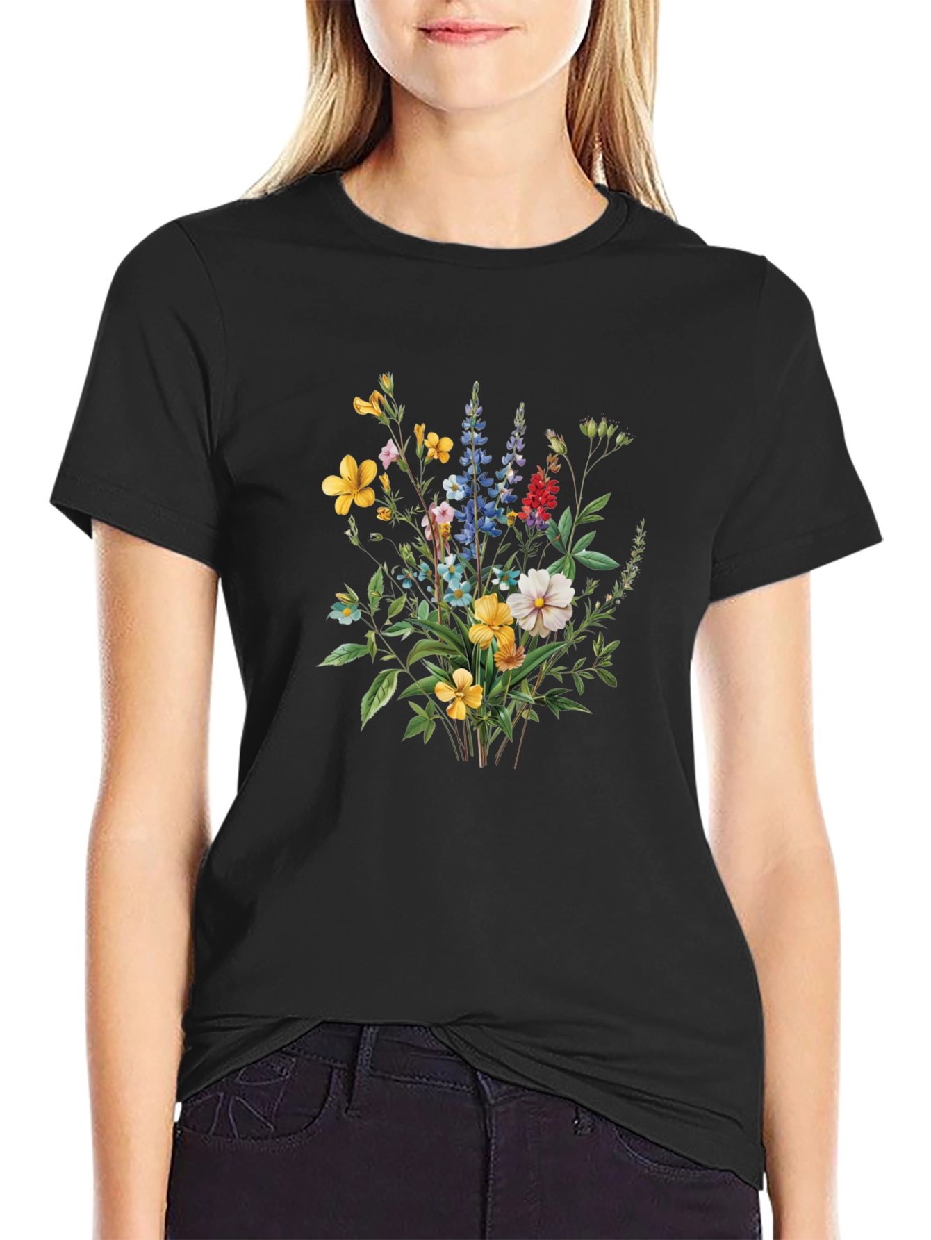 Black Floral Bouquet Print Black T-Shirt view 2