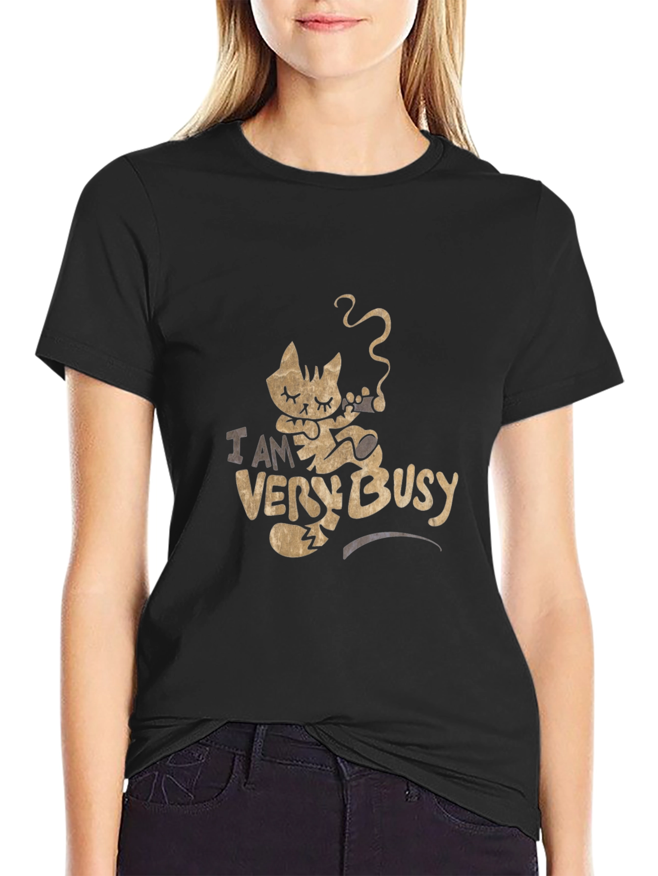 Black I Am Very Busy Cat T-Shirt - Relaxed & Stylish view 2